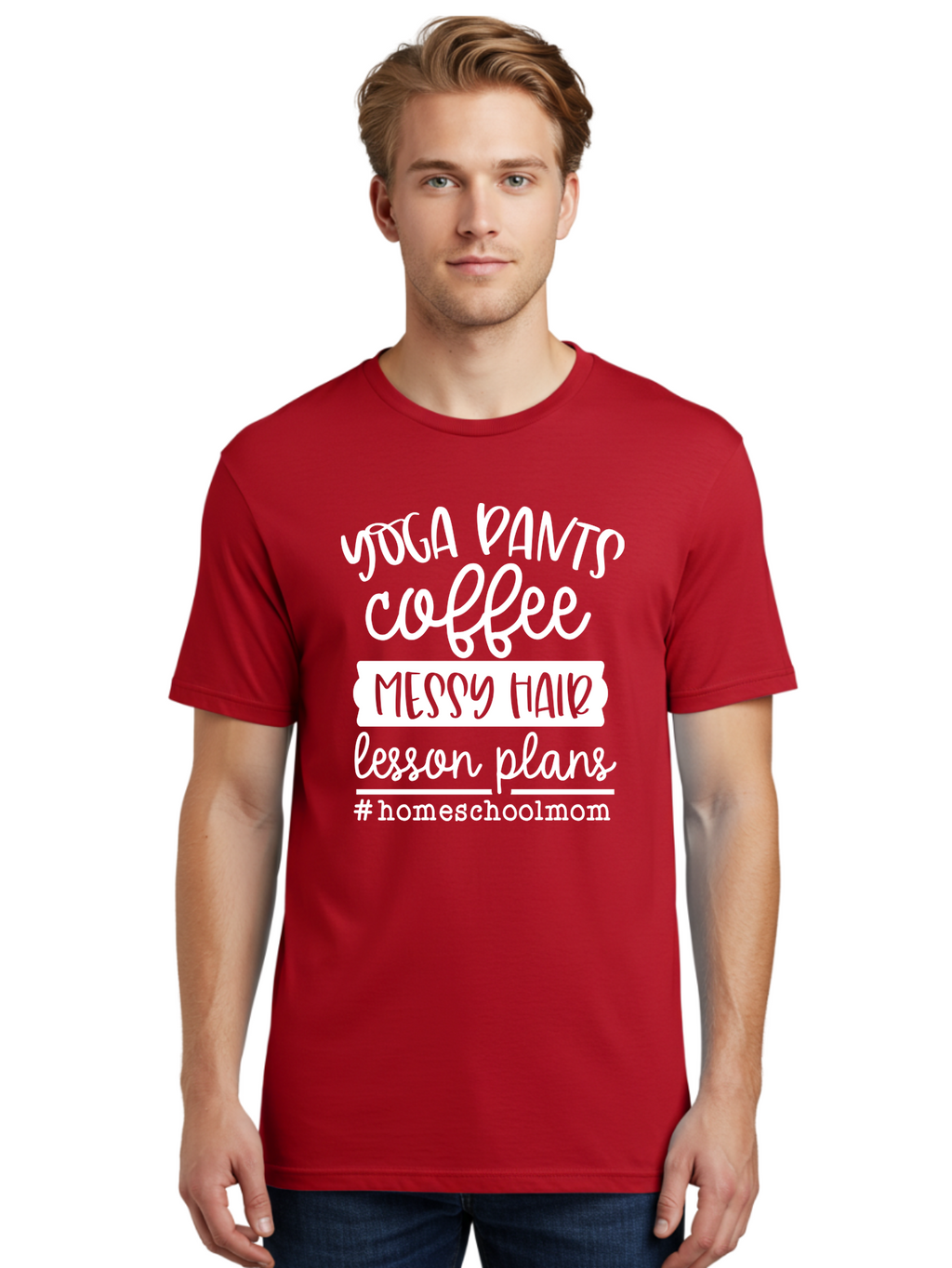 Homeschool-Mom Men'S Graphic Tee, 100% Cotton, Comfortable Casual Summer Wear, Machine Washable, Homeschool Mom, Yoga Pants, Coffee Fuel, Messy Hair, Lesson Plans, Homeschooling Lifestyle, Mom Life, Homeschool Routine, Coffee Lover Aab384