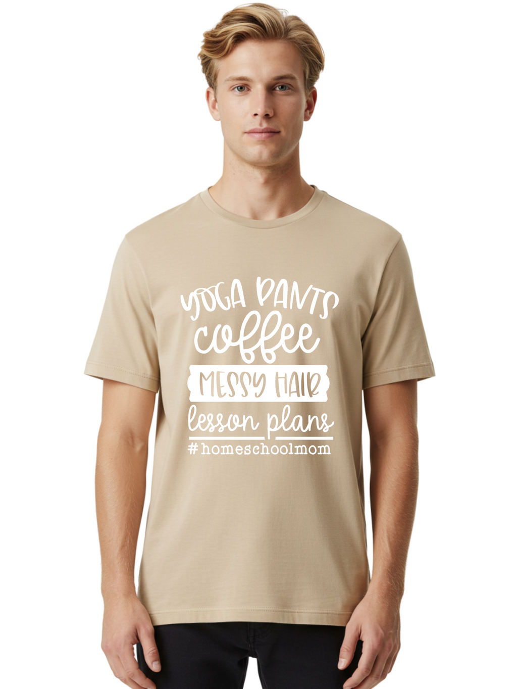 Homeschool-Mom Men'S Graphic Tee, 100% Cotton, Comfortable Casual Summer Wear, Machine Washable, Homeschool Mom, Yoga Pants, Coffee Fuel, Messy Hair, Lesson Plans, Homeschooling Lifestyle, Mom Life, Homeschool Routine, Coffee Lover Aab384