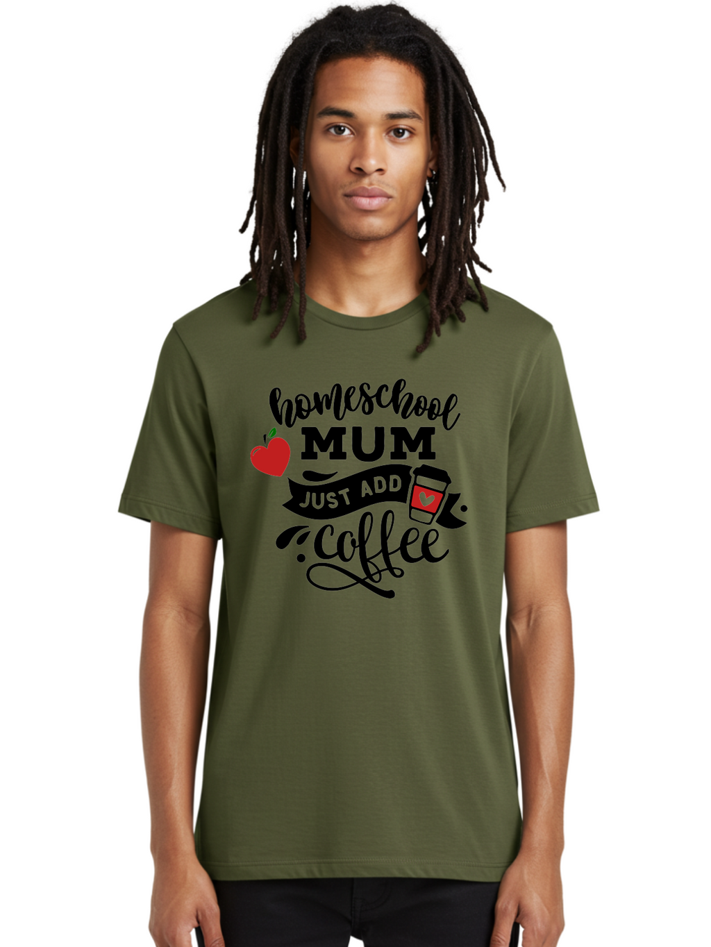 Homeschool-Mum-Just-Add-Coffee-1 Men'S Graphic Tee, 100% Cotton, Comfortable Casual Summer Wear, Machine Washable, Homeschool Mum, Coffee Lover, Homeschooling, Parenting, Coffee Cup, Apple, Education, Humor Aab388