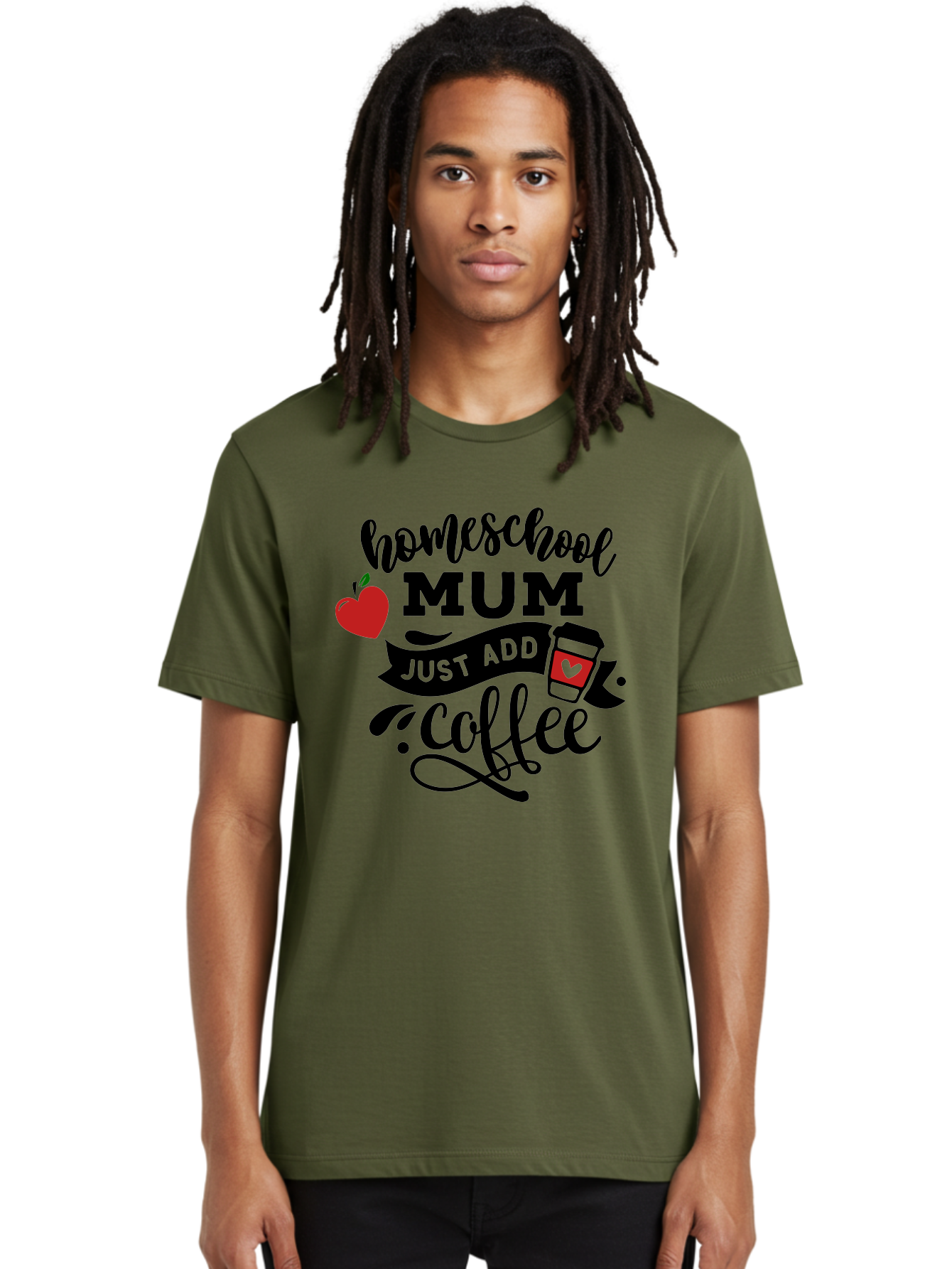 Homeschool-Mum-Just-Add-Coffee-1 Men'S Graphic Tee, 100% Cotton, Comfortable Casual Summer Wear, Machine Washable, Homeschool Mum, Coffee Lover, Homeschooling, Parenting, Coffee Cup, Apple, Education, Humor Aab388