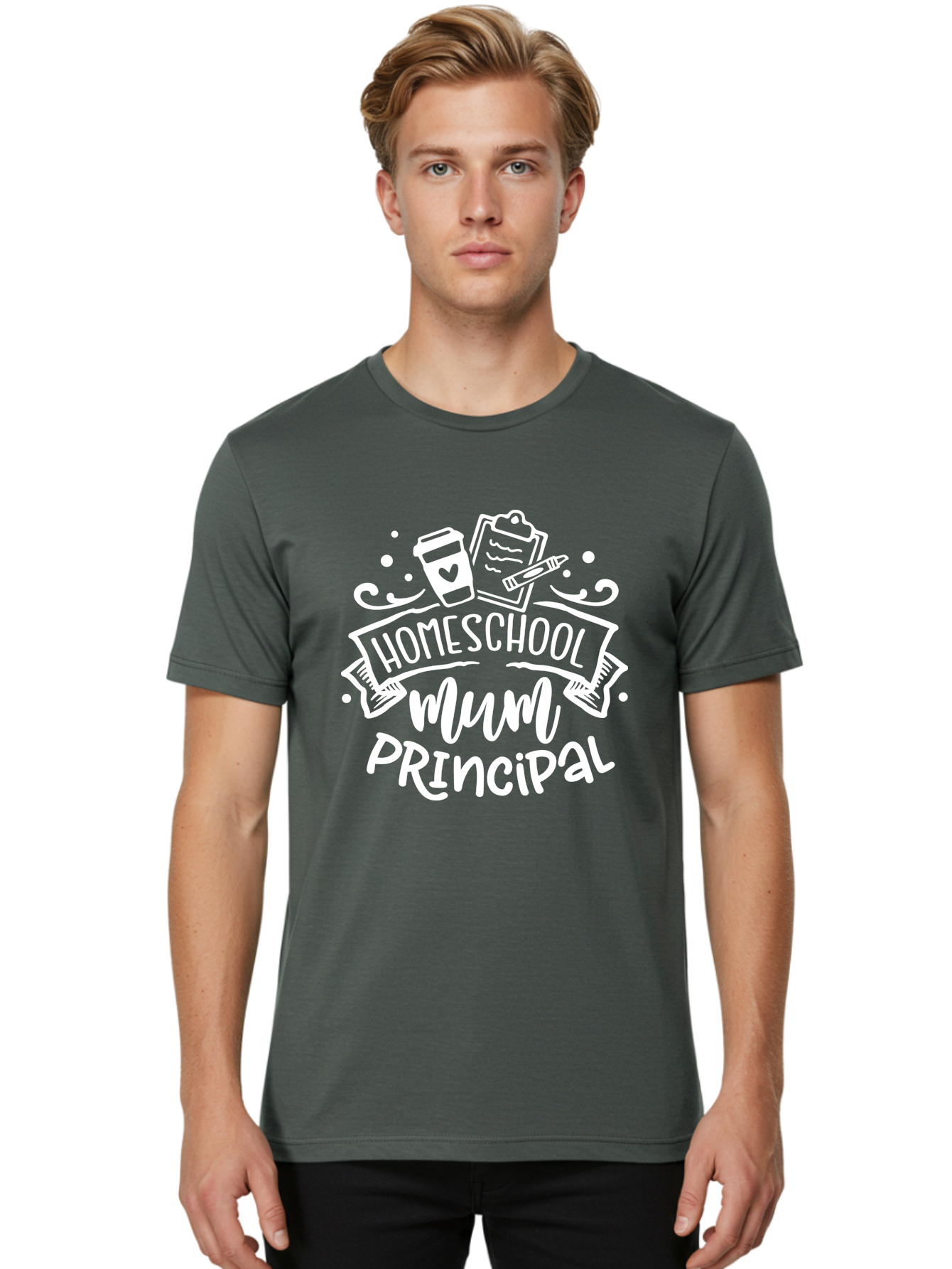 Homeschool-Mum-Principal-1 Men'S Graphic Tee, 100% Cotton, Comfortable Casual Summer Wear, Machine Washable, Homeschool Mom, Principal, Homeschooling, Coffee Cup, Clipboard, Pencil, Heart, Education, Parenting, Learning, Mom Life Aab393