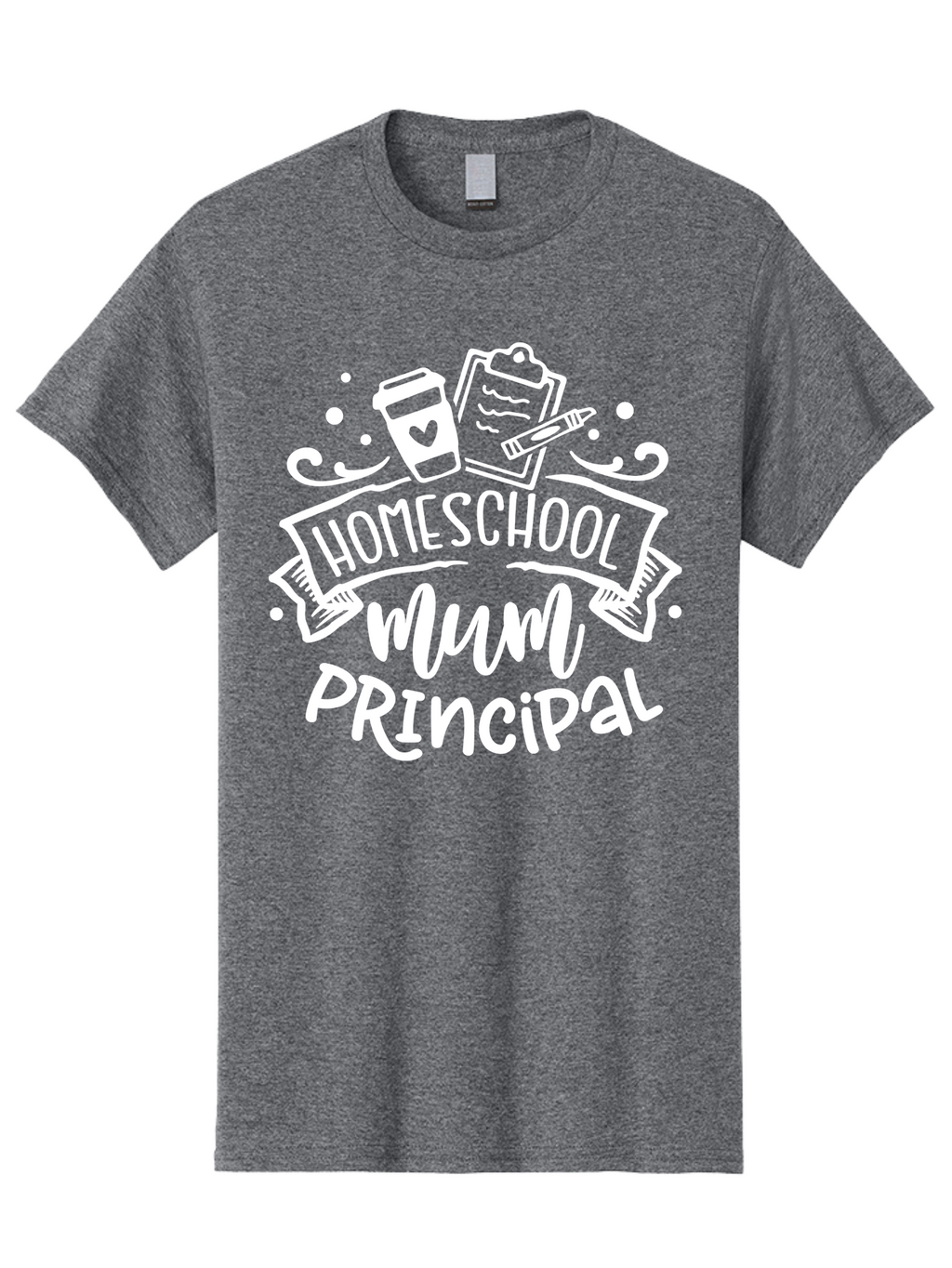 Homeschool-Mum-Principal-1 Men'S Graphic Tee, 100% Cotton, Comfortable Casual Summer Wear, Machine Washable, Homeschool Mom, Principal, Homeschooling, Coffee Cup, Clipboard, Pencil, Heart, Education, Parenting, Learning, Mom Life Aab393