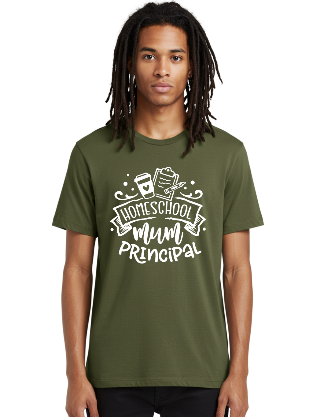 Homeschool-Mum-Principal-1 Men'S Graphic Tee, 100% Cotton, Comfortable Casual Summer Wear, Machine Washable, Homeschool Mom, Principal, Homeschooling, Coffee Cup, Clipboard, Pencil, Heart, Education, Parenting, Learning, Mom Life Aab393