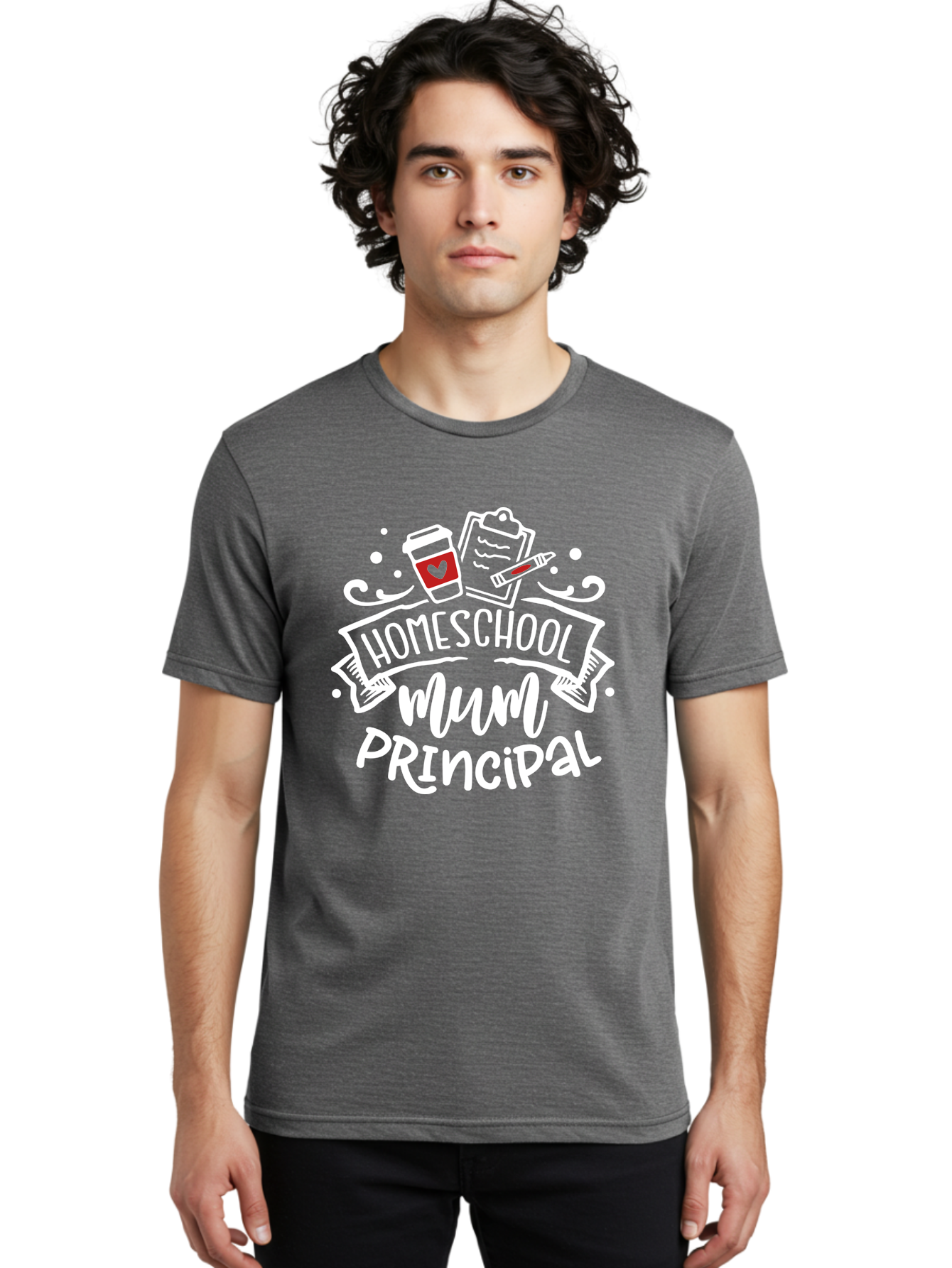 Homeschool-Mum-Principal-2 Men'S Graphic Tee, 100% Cotton, Comfortable Casual Summer Wear, Machine Washable, Homeschool, Homeschooling, Education, Learning, Parenting, Motherhood, Coffee, Clipboard, Marker, Heart, Homeschool Mum Aab394