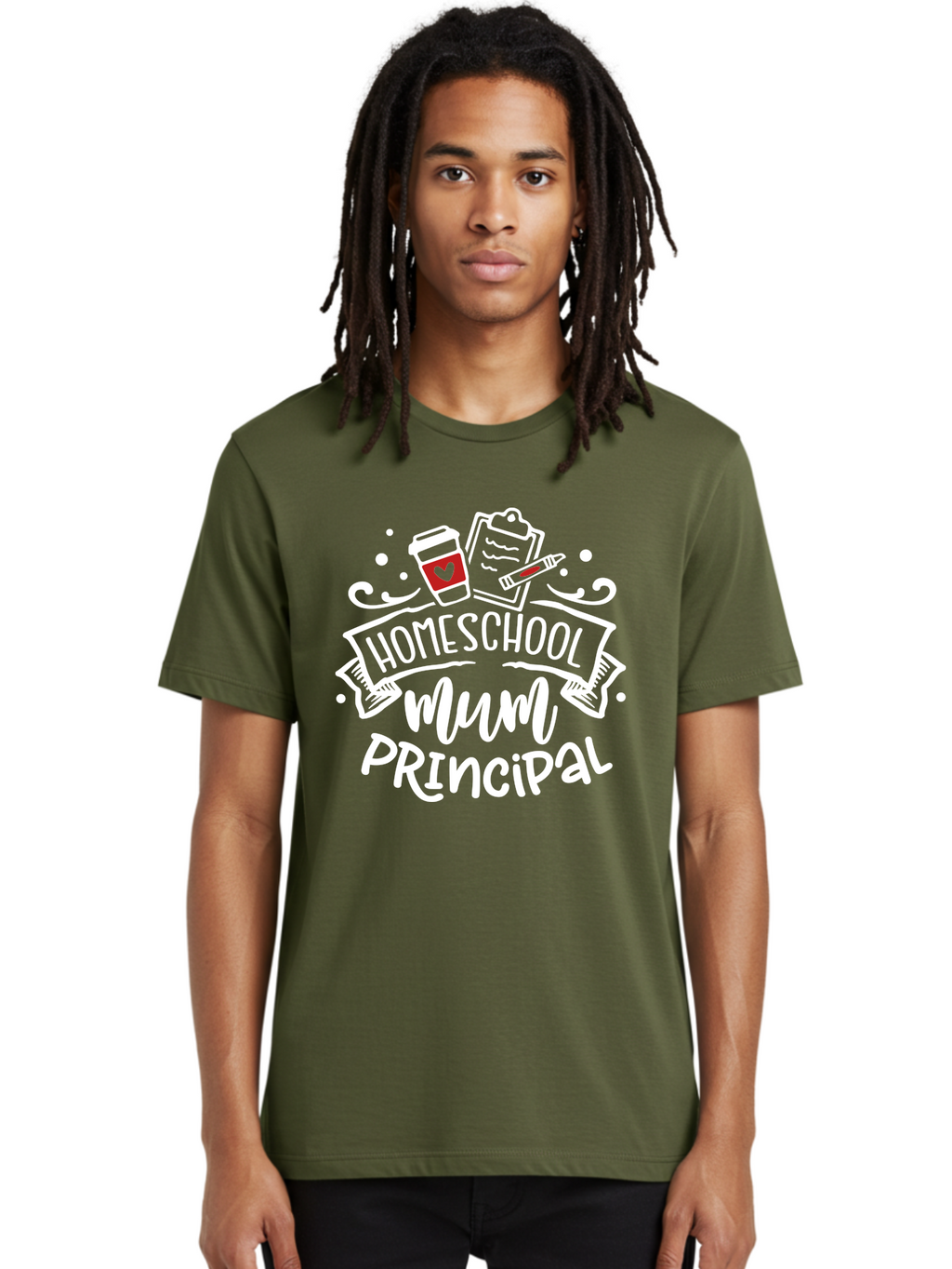 Homeschool-Mum-Principal-2 Men'S Graphic Tee, 100% Cotton, Comfortable Casual Summer Wear, Machine Washable, Homeschool, Homeschooling, Education, Learning, Parenting, Motherhood, Coffee, Clipboard, Marker, Heart, Homeschool Mum Aab394