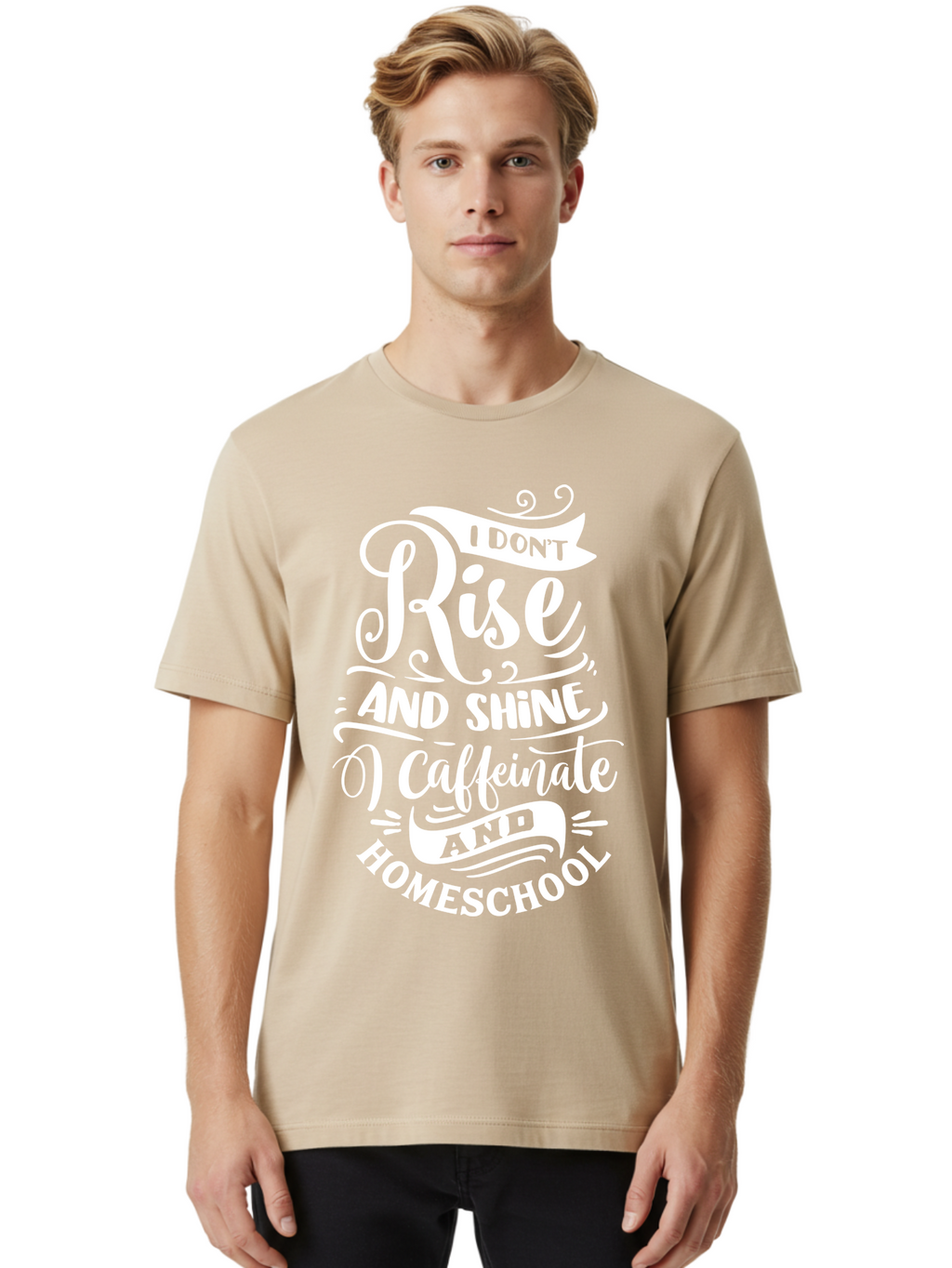 I-Don-T-Rise-And-Shine-I-Caffeinate-And-Homeschool Men'S Graphic Tee, 100% Cotton, Comfortable Casual Summer Wear, Machine Washable, Homeschooling Humor, Funny Homeschool Quotes, Coffee Fueled, Caffeinated Homeschooler, Parenting Memes, Aab402