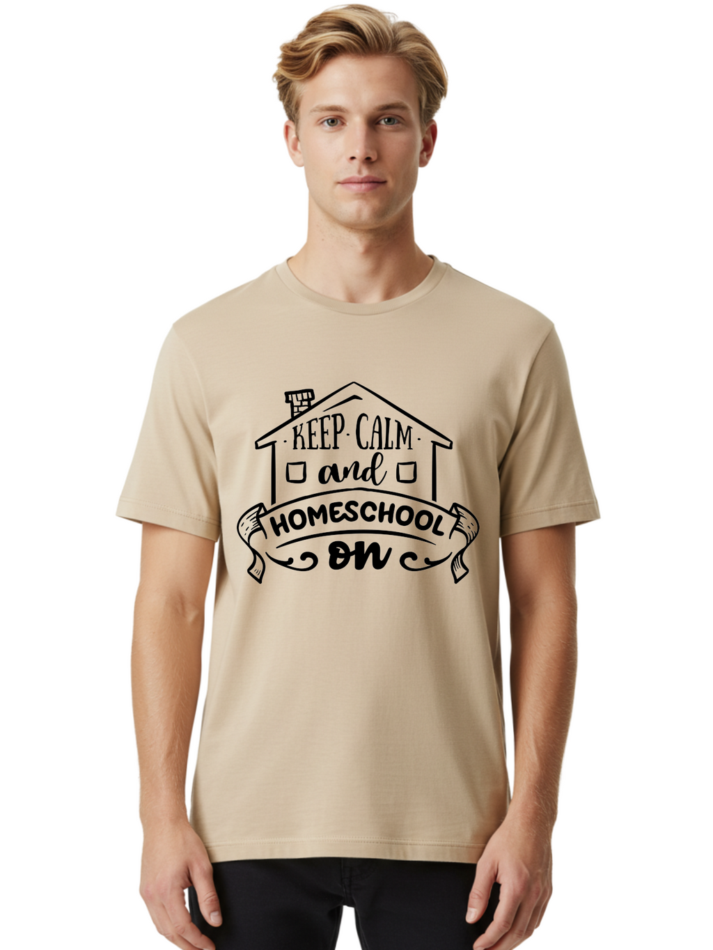 Keep-Calm-And-Homeschool-On-1 Men'S Graphic Tee, 100% Cotton, Comfortable Casual Summer Wear, Machine Washable, Homeschooling Inspiration, Keep Calm, Homeschool On, Home Education, Personalized Learning, Alternative Education, Family Learning, Aab407