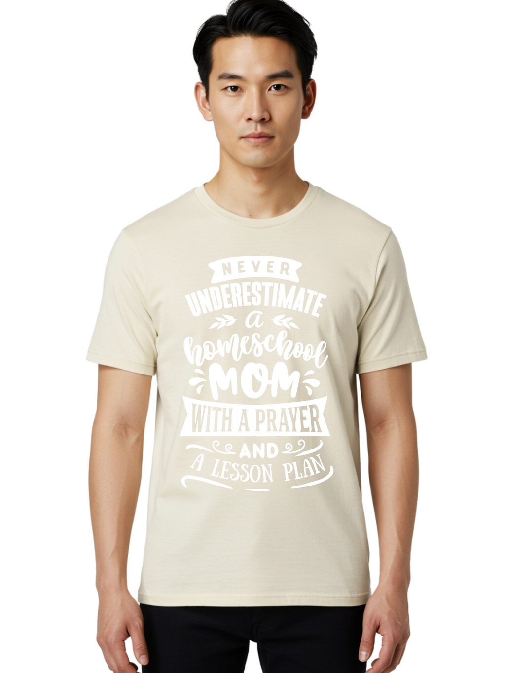 Never-Underestimate-Homeschool-Mom Men'S Graphic Tee, 100% Cotton, Comfortable Casual Summer Wear, Machine Washable, Homeschool Mom, Inspirational Quote, Motivational Message, Lesson Plan, Prayer, Homeschooling, Motherhood, Education, Aab413