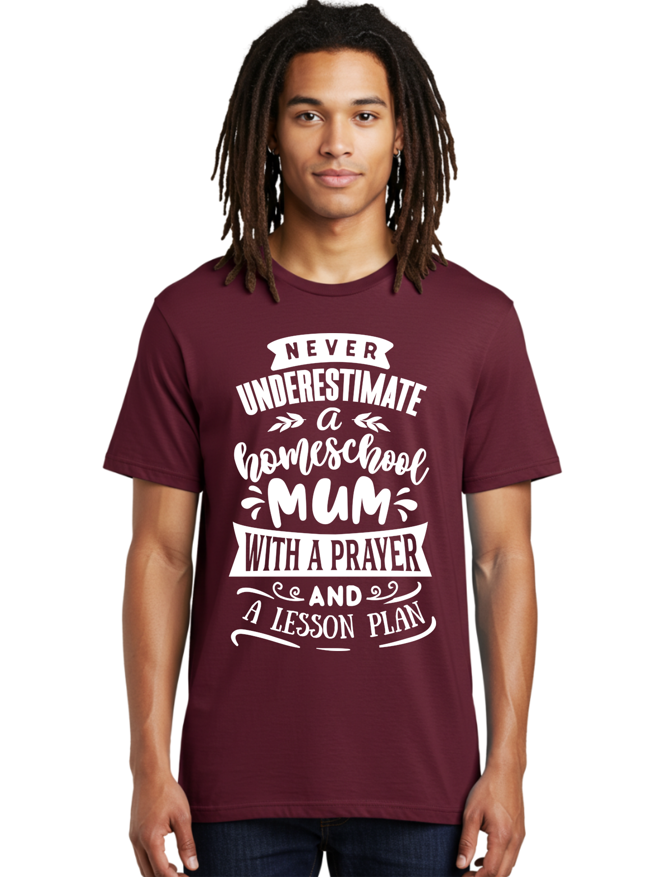 Never-Underestimate-Homeschool-Mum Men'S Graphic Tee, 100% Cotton, Comfortable Casual Summer Wear, Machine Washable, Homeschool Mum, Inspirational Quote, Motivational Phrase, Homeschooling Parent, Lesson Plan, Prayer, Education Support, Aab414