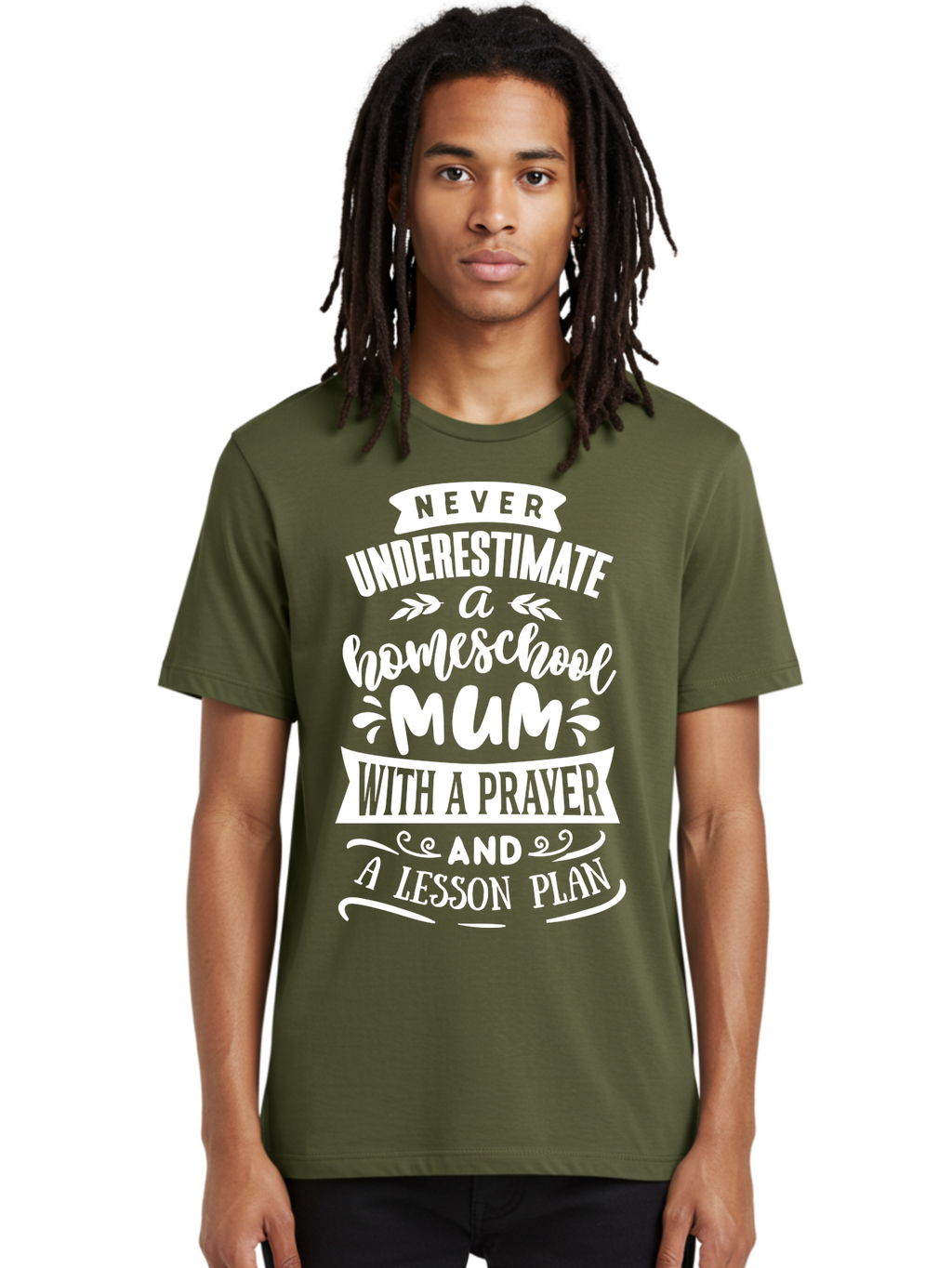 Never-Underestimate-Homeschool-Mum Men'S Graphic Tee, 100% Cotton, Comfortable Casual Summer Wear, Machine Washable, Homeschool Mum, Inspirational Quote, Motivational Phrase, Homeschooling Parent, Lesson Plan, Prayer, Education Support, Aab414