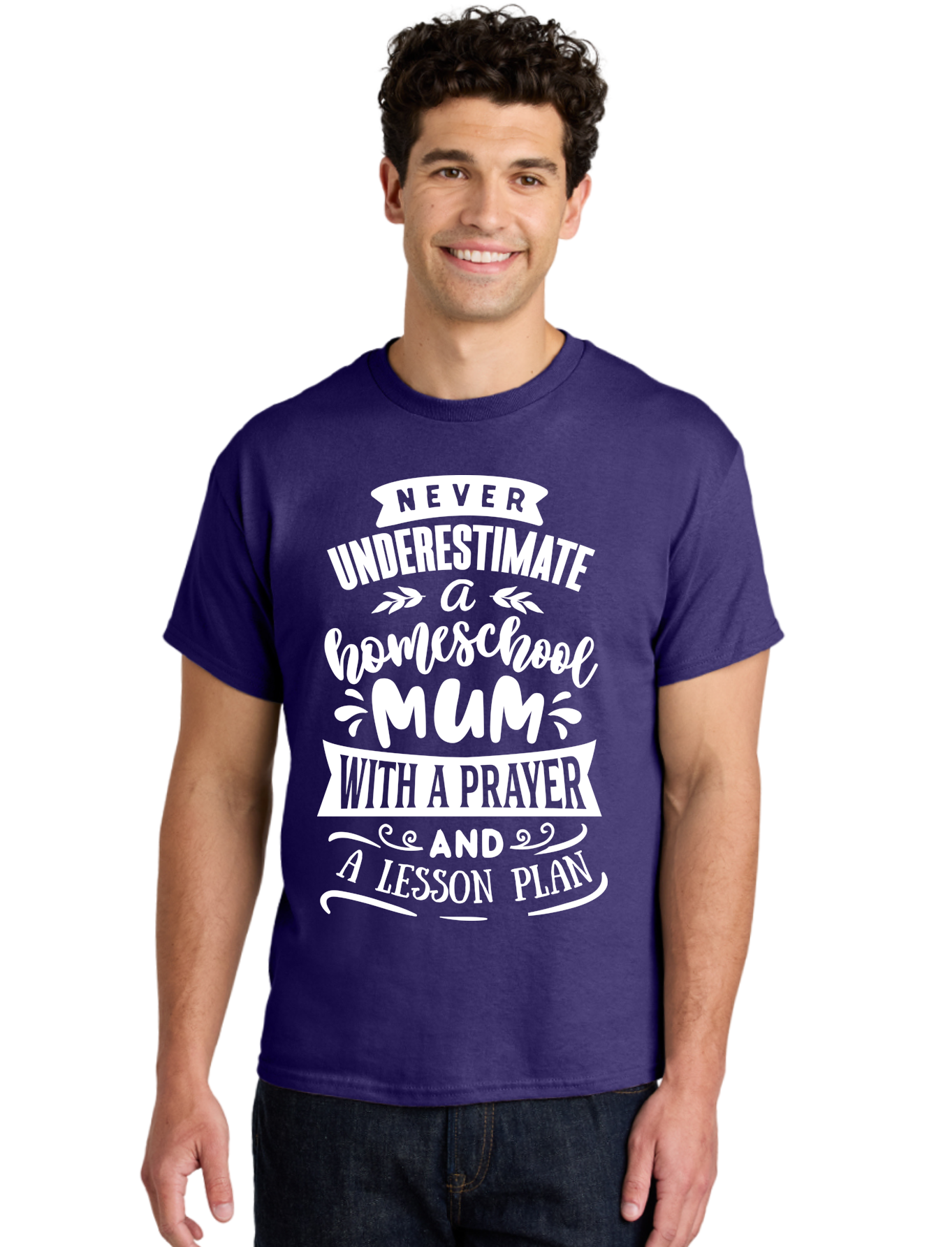 Never-Underestimate-Homeschool-Mum Men'S Graphic Tee, 100% Cotton, Comfortable Casual Summer Wear, Machine Washable, Homeschool Mum, Inspirational Quote, Motivational Phrase, Homeschooling Parent, Lesson Plan, Prayer, Education Support, Aab414
