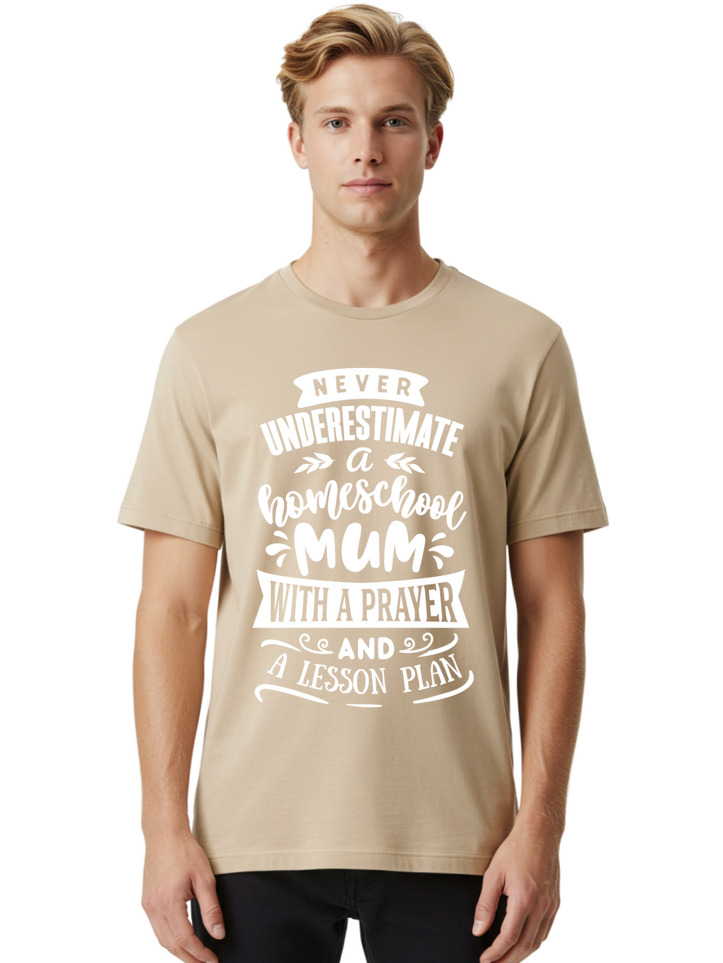 Never-Underestimate-Homeschool-Mum Men'S Graphic Tee, 100% Cotton, Comfortable Casual Summer Wear, Machine Washable, Homeschool Mum, Inspirational Quote, Motivational Phrase, Homeschooling Parent, Lesson Plan, Prayer, Education Support, Aab414