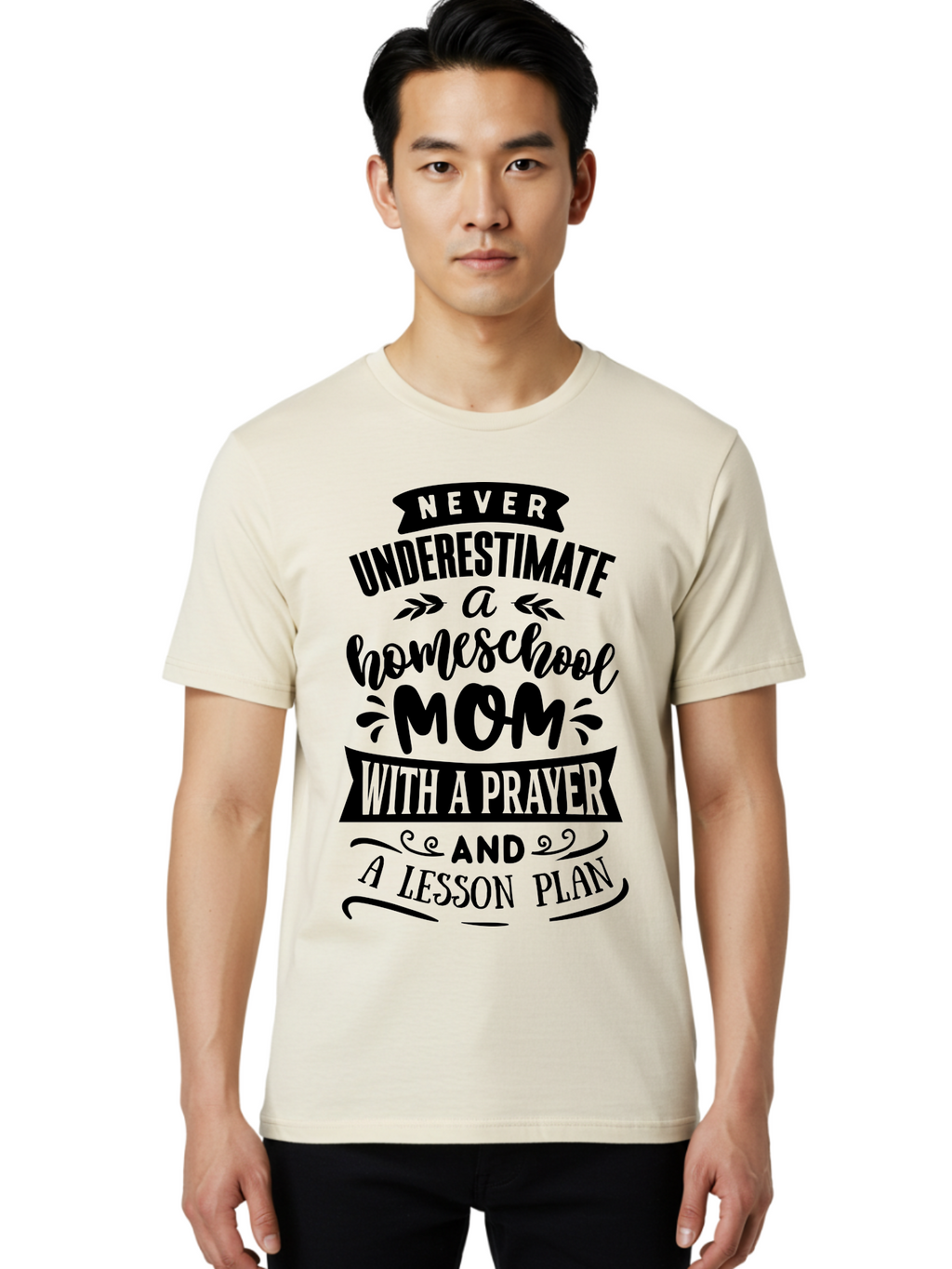 Never-Underestimate-Mom Men'S Graphic Tee, 100% Cotton, Comfortable Casual Summer Wear, Machine Washable, Homeschool Mom, Inspirational Quote, Motivational Phrase, Homeschooling, Prayer, Lesson Plan, Strong Mother, Dedicated Educator, Aab415
