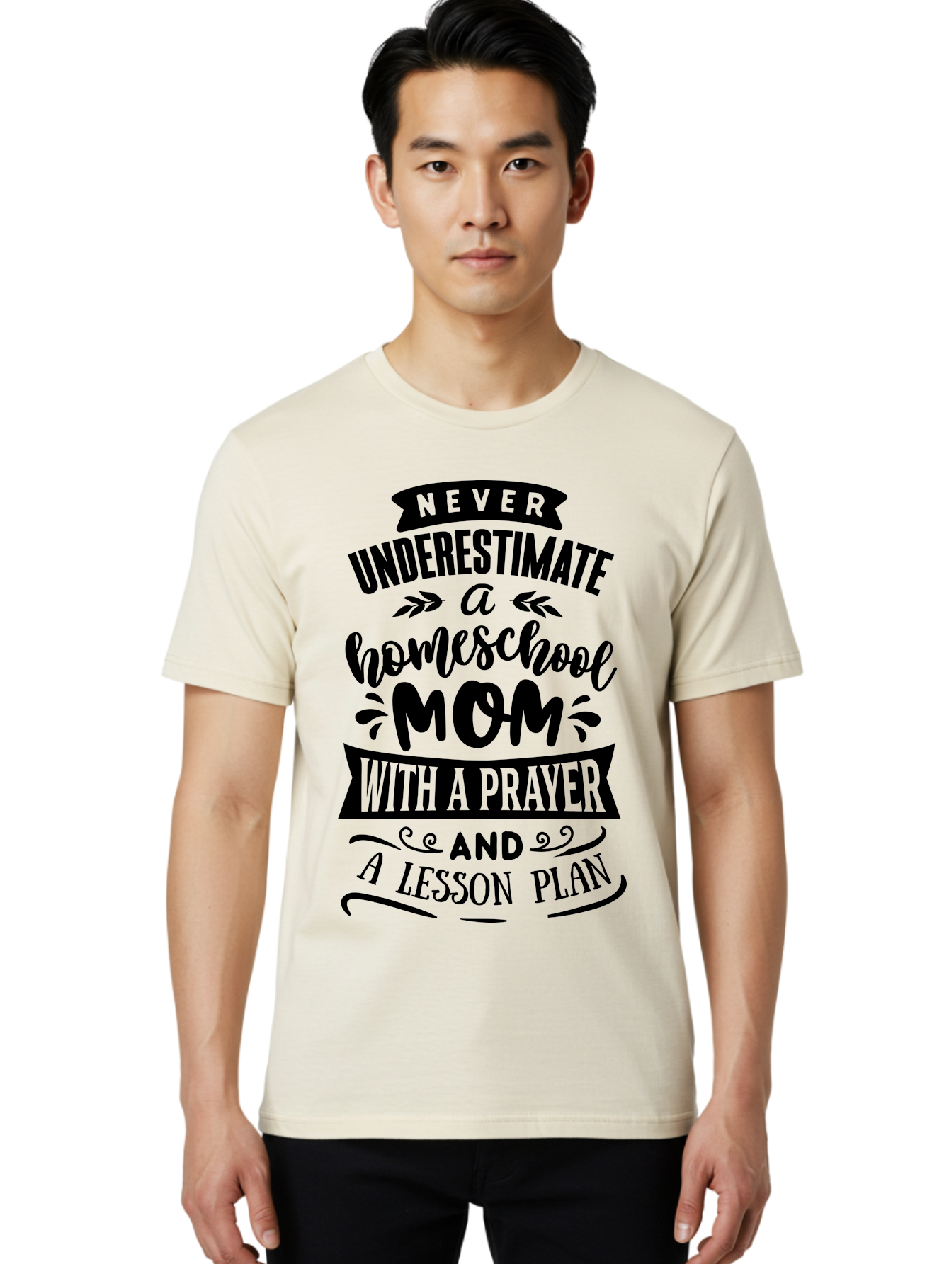 Never-Underestimate-Mom Men'S Graphic Tee, 100% Cotton, Comfortable Casual Summer Wear, Machine Washable, Homeschool Mom, Inspirational Quote, Motivational Phrase, Homeschooling, Prayer, Lesson Plan, Strong Mother, Dedicated Educator, Aab415