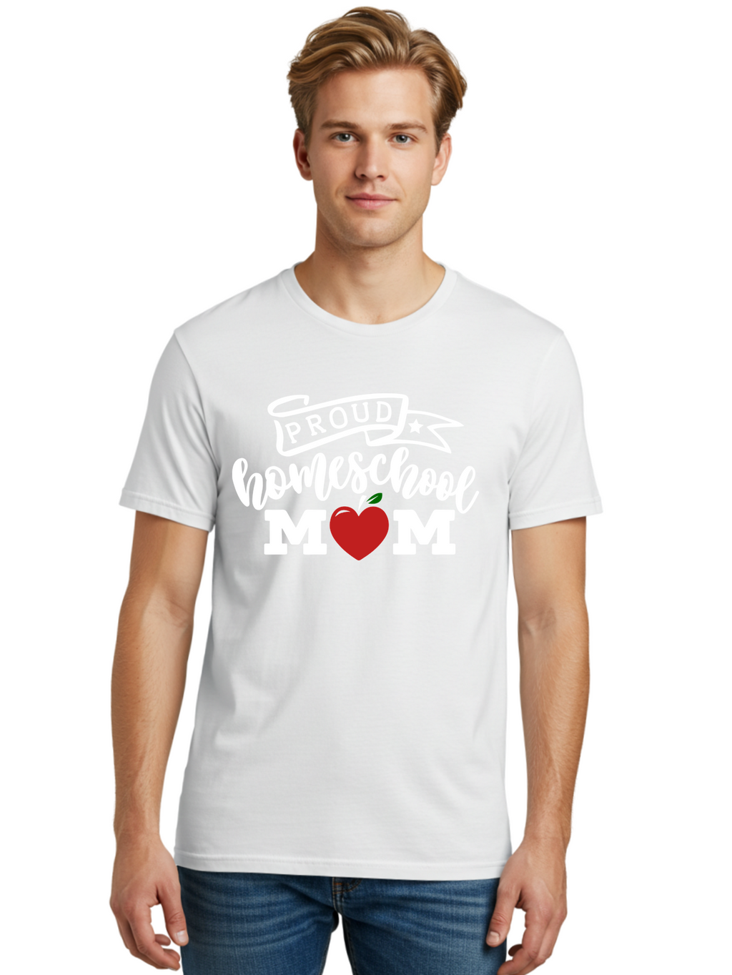 Proud-Homeschool-Mom-2 Men'S Graphic Tee, 100% Cotton, Comfortable Casual Summer Wear, Machine Washable, Homeschool Mom, Proud Parent, Apple Symbol, Homeschooling, Parenting, Education, Love For Learning, Red Apple Aab422