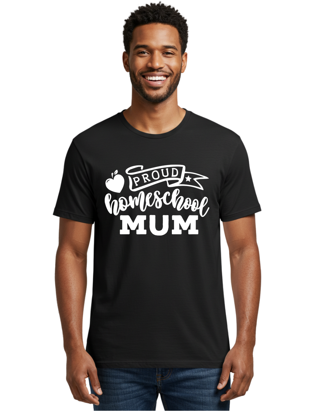 Proud-Homeschool-Mum-1 Men'S Graphic Tee, 100% Cotton, Comfortable Casual Summer Wear, Machine Washable, Homeschool Mom, Proud Parent, Homeschooling, Motherhood, Education, Apple Logo, Star Symbol, Banner Design, Parent Teacher, Aab425