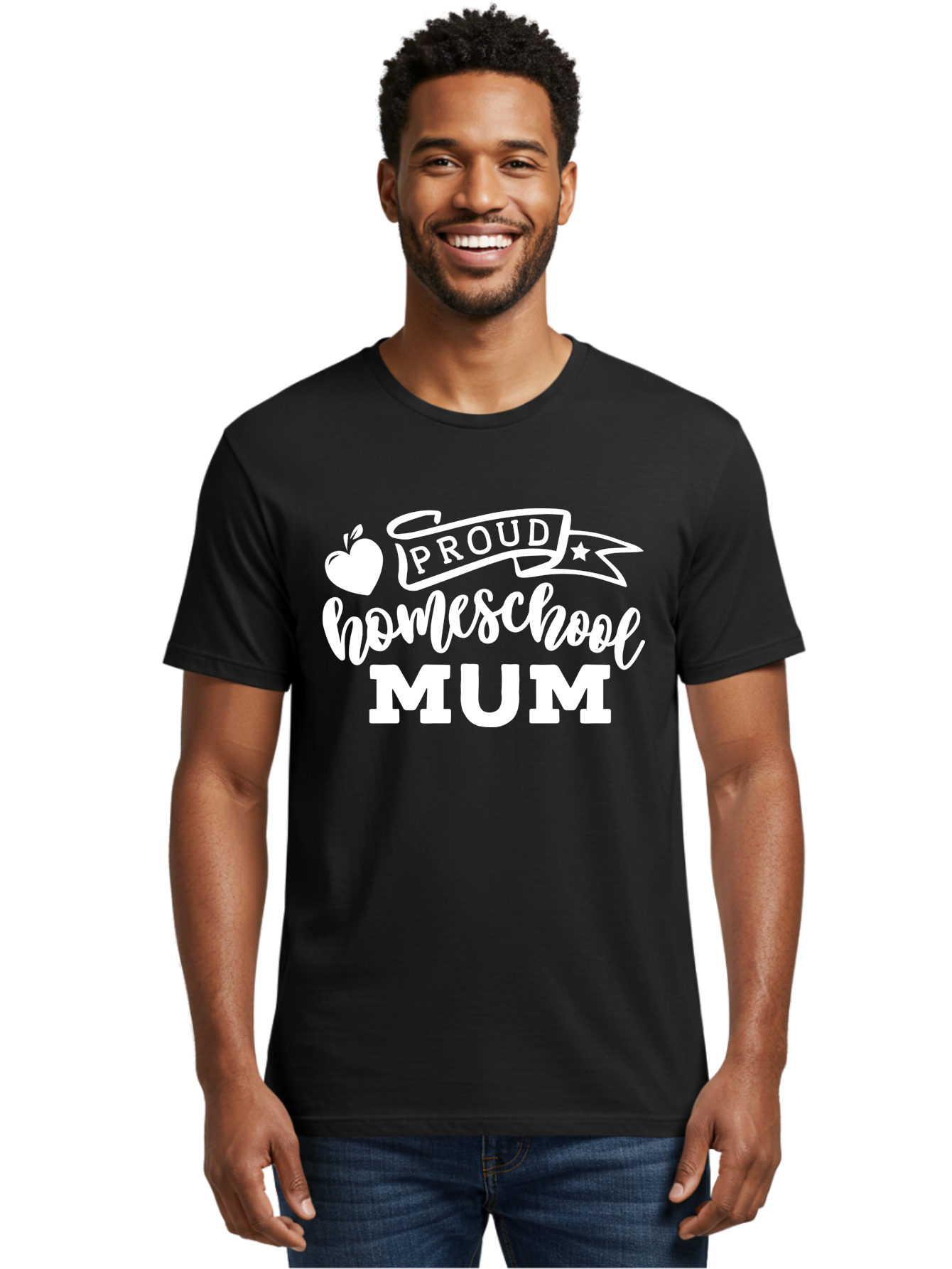 Proud-Homeschool-Mum-1 Men'S Graphic Tee, 100% Cotton, Comfortable Casual Summer Wear, Machine Washable, Homeschool Mom, Proud Parent, Homeschooling, Motherhood, Education, Apple Logo, Star Symbol, Banner Design, Parent Teacher, Aab425