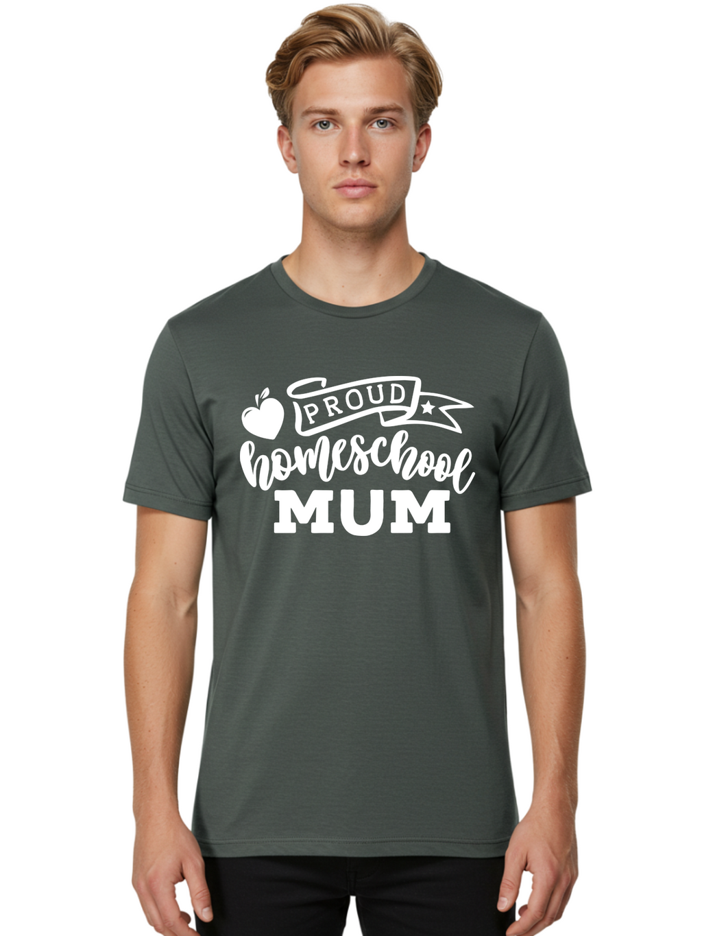 Proud-Homeschool-Mum-1 Men'S Graphic Tee, 100% Cotton, Comfortable Casual Summer Wear, Machine Washable, Homeschool Mom, Proud Parent, Homeschooling, Motherhood, Education, Apple Logo, Star Symbol, Banner Design, Parent Teacher, Aab425