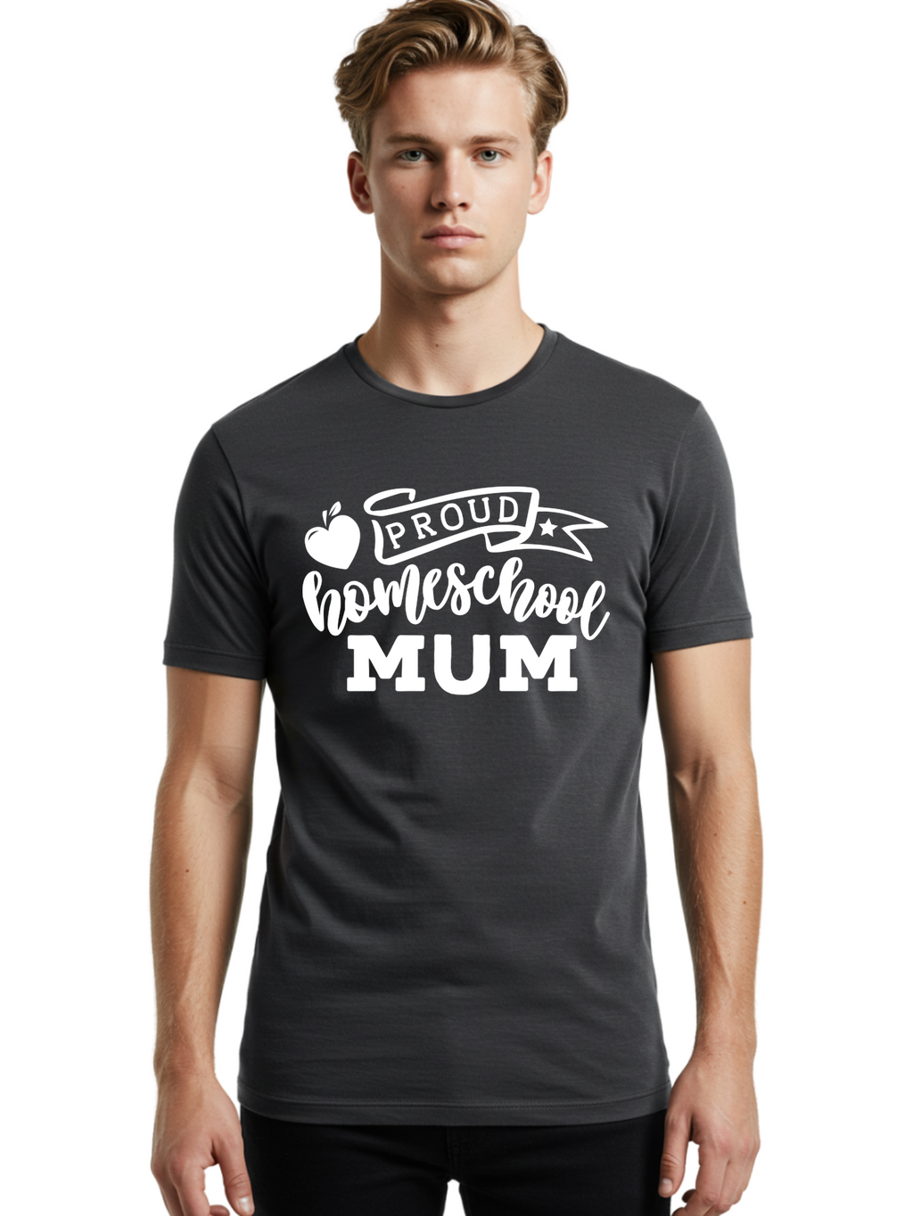 Proud-Homeschool-Mum-1 Men'S Graphic Tee, 100% Cotton, Comfortable Casual Summer Wear, Machine Washable, Homeschool Mom, Proud Parent, Homeschooling, Motherhood, Education, Apple Logo, Star Symbol, Banner Design, Parent Teacher, Aab425