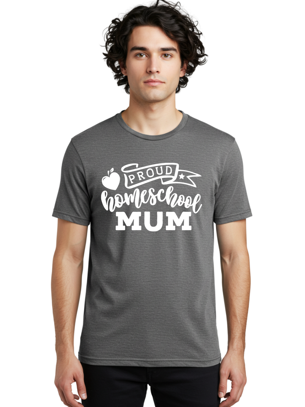 Proud-Homeschool-Mum-1 Men'S Graphic Tee, 100% Cotton, Comfortable Casual Summer Wear, Machine Washable, Homeschool Mom, Proud Parent, Homeschooling, Motherhood, Education, Apple Logo, Star Symbol, Banner Design, Parent Teacher, Aab425