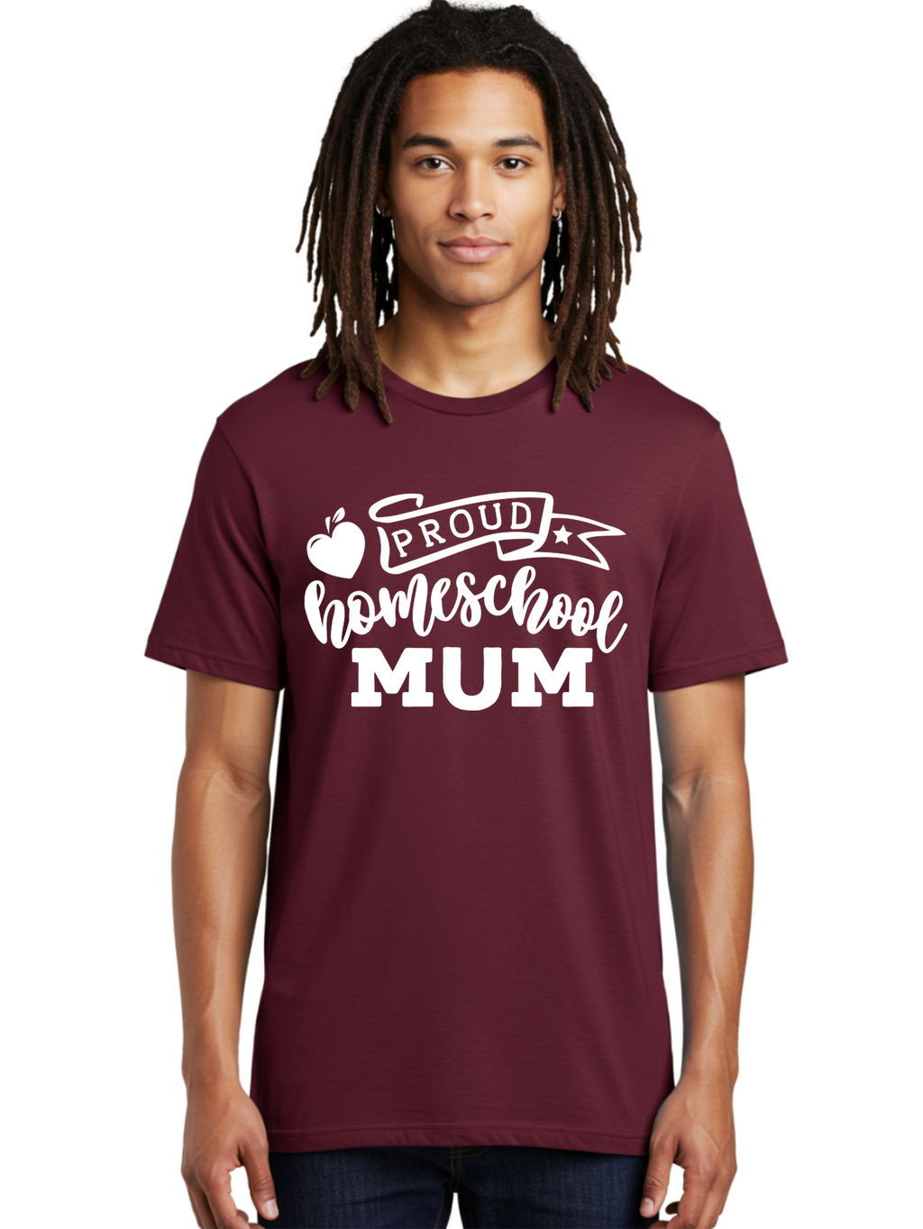 Proud-Homeschool-Mum-1 Men'S Graphic Tee, 100% Cotton, Comfortable Casual Summer Wear, Machine Washable, Homeschool Mom, Proud Parent, Homeschooling, Motherhood, Education, Apple Logo, Star Symbol, Banner Design, Parent Teacher, Aab425
