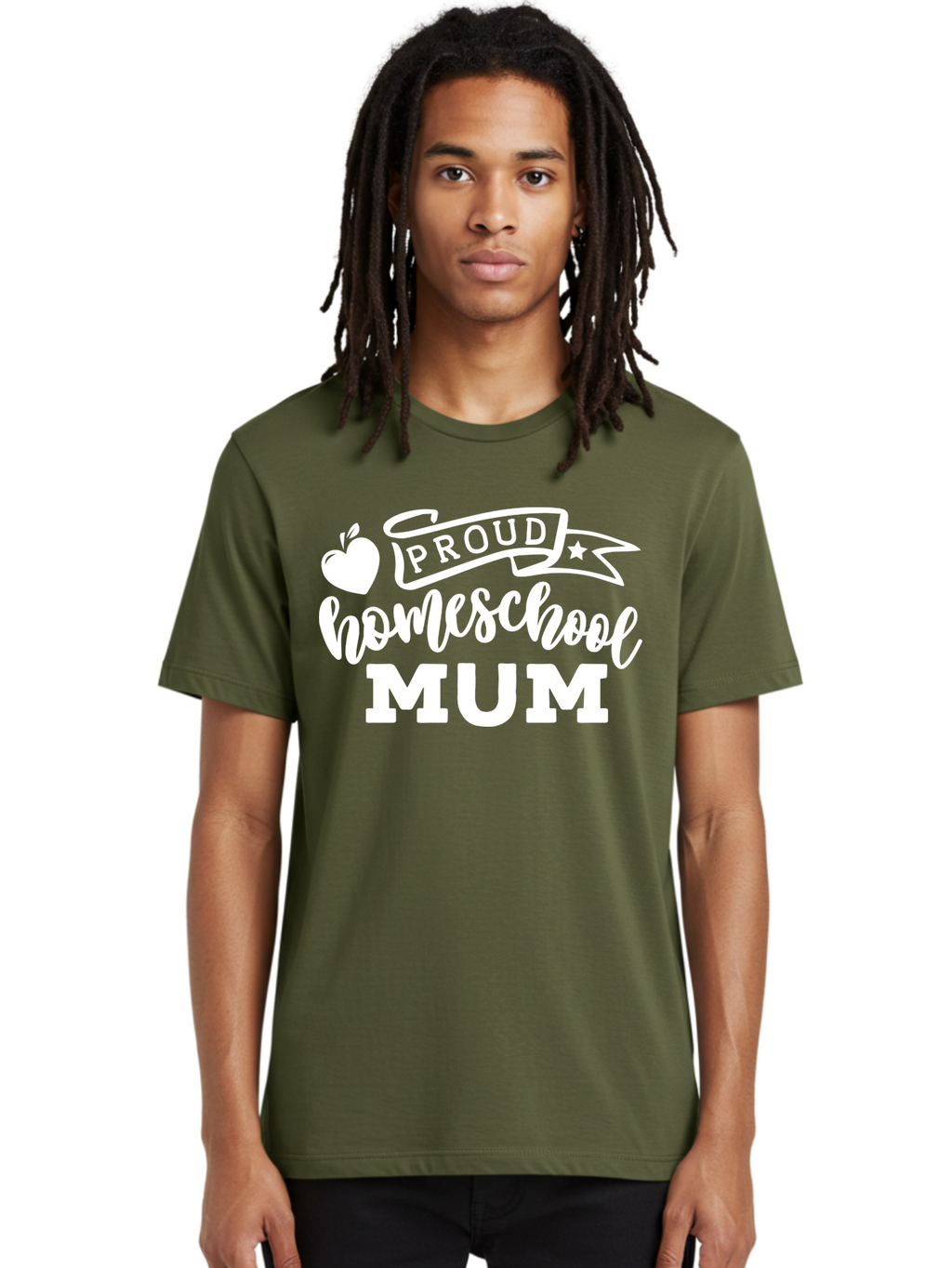 Proud-Homeschool-Mum-1 Men'S Graphic Tee, 100% Cotton, Comfortable Casual Summer Wear, Machine Washable, Homeschool Mom, Proud Parent, Homeschooling, Motherhood, Education, Apple Logo, Star Symbol, Banner Design, Parent Teacher, Aab425