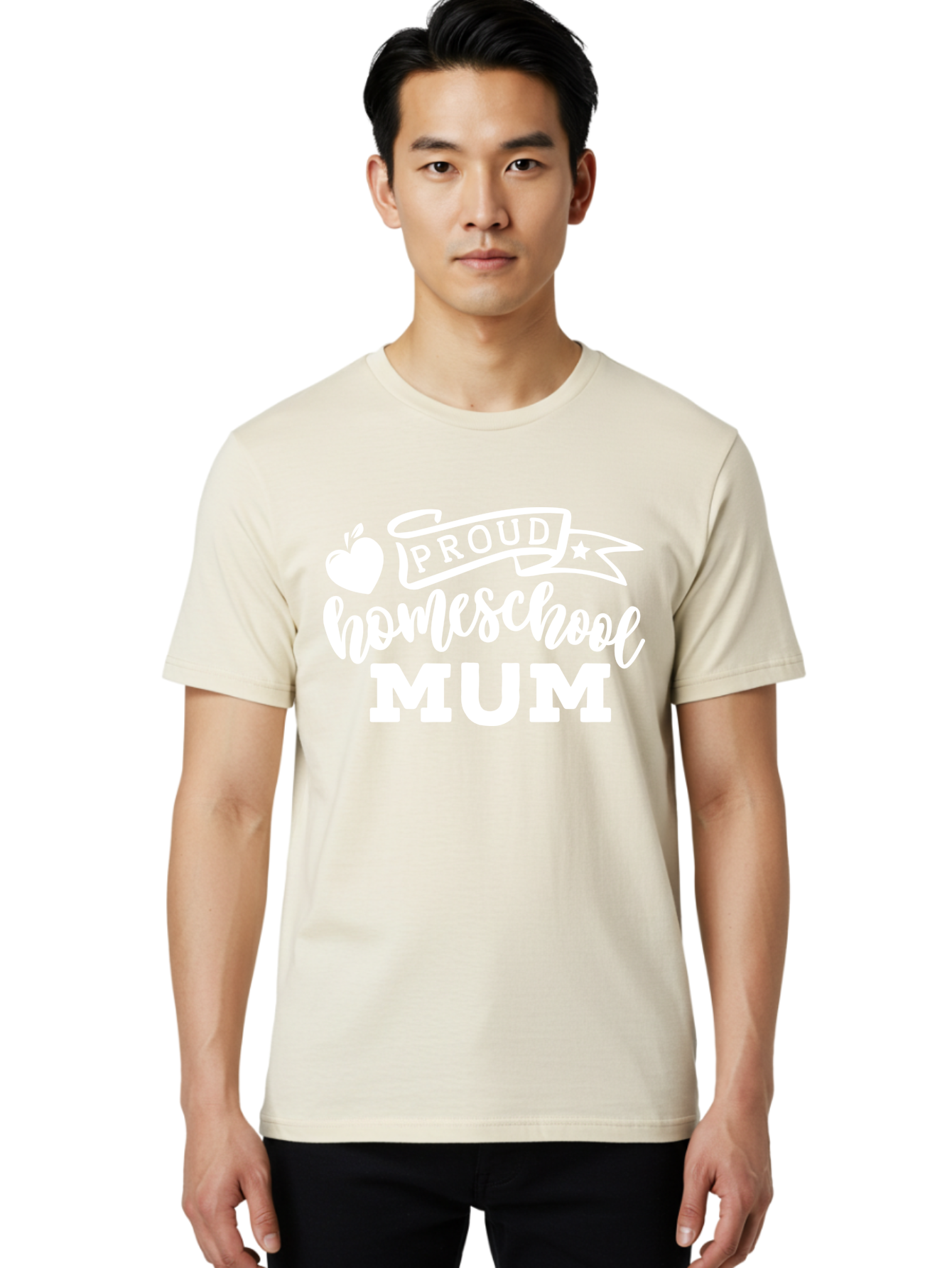 Proud-Homeschool-Mum-1 Men'S Graphic Tee, 100% Cotton, Comfortable Casual Summer Wear, Machine Washable, Homeschool Mom, Proud Parent, Homeschooling, Motherhood, Education, Apple Logo, Star Symbol, Banner Design, Parent Teacher, Aab425