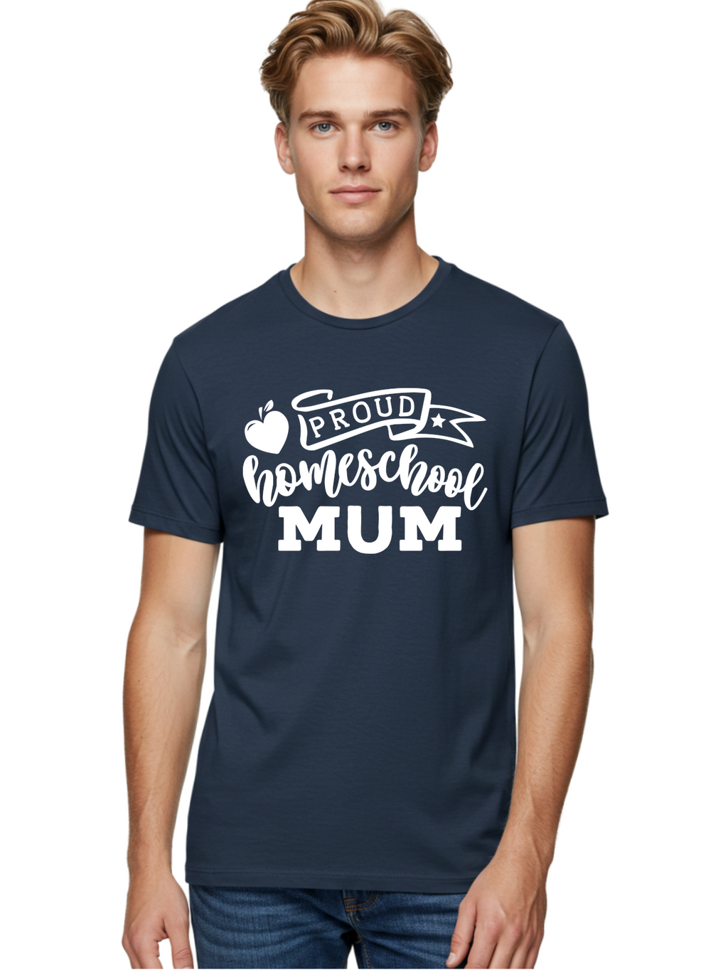 Proud-Homeschool-Mum-1 Men'S Graphic Tee, 100% Cotton, Comfortable Casual Summer Wear, Machine Washable, Homeschool Mom, Proud Parent, Homeschooling, Motherhood, Education, Apple Logo, Star Symbol, Banner Design, Parent Teacher, Aab425