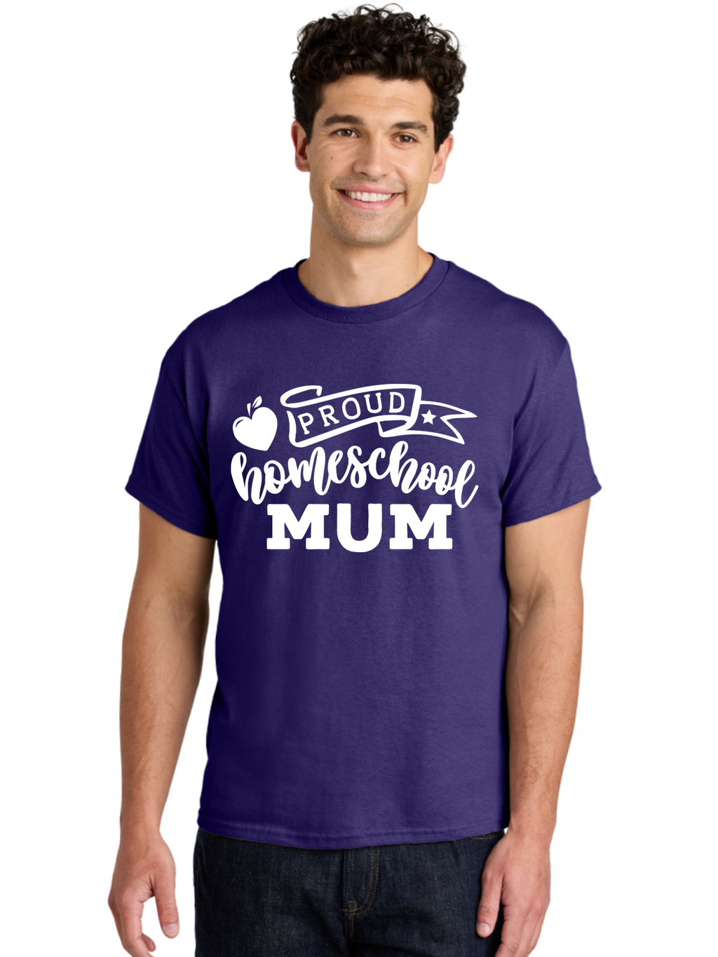 Proud-Homeschool-Mum-1 Men'S Graphic Tee, 100% Cotton, Comfortable Casual Summer Wear, Machine Washable, Homeschool Mom, Proud Parent, Homeschooling, Motherhood, Education, Apple Logo, Star Symbol, Banner Design, Parent Teacher, Aab425