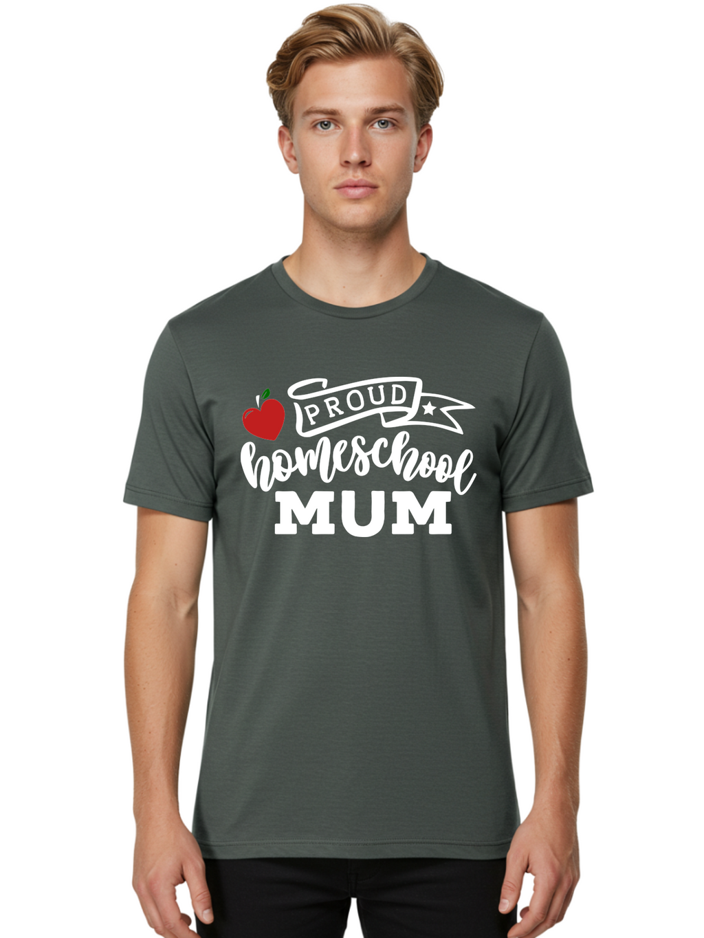 Proud-Homeschool-Mum-2 Men'S Graphic Tee, 100% Cotton, Comfortable Casual Summer Wear, Machine Washable, Proud Homeschool Mum, Homeschooling Mom, Home Education, Proud Parent, Apple Logo, Banner Design, Star Symbol, Custom Apparel, Aab426