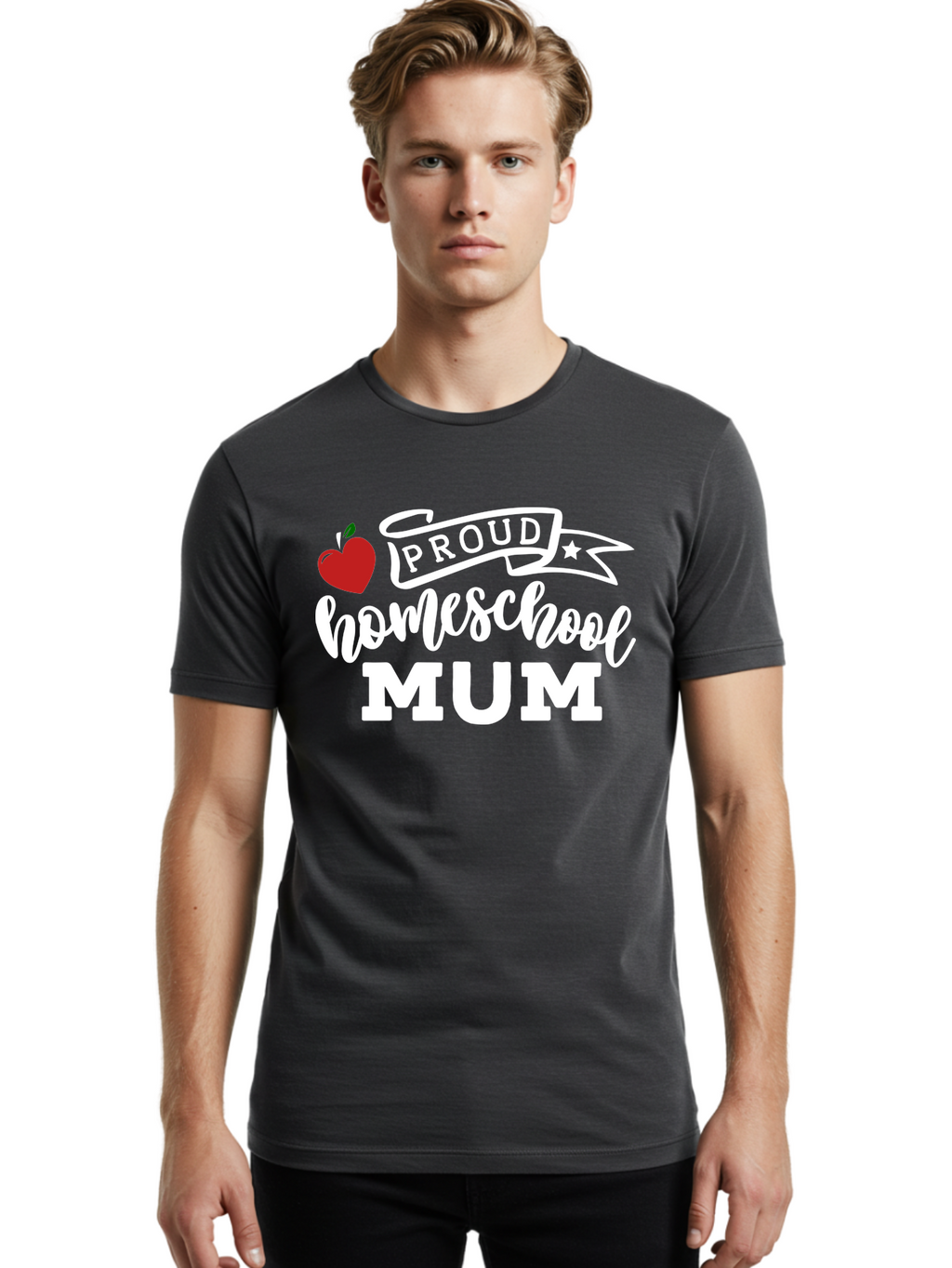 Proud-Homeschool-Mum-2 Men'S Graphic Tee, 100% Cotton, Comfortable Casual Summer Wear, Machine Washable, Proud Homeschool Mum, Homeschooling Mom, Home Education, Proud Parent, Apple Logo, Banner Design, Star Symbol, Custom Apparel, Aab426