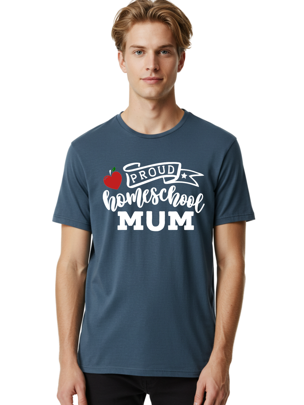 Proud-Homeschool-Mum-2 Men'S Graphic Tee, 100% Cotton, Comfortable Casual Summer Wear, Machine Washable, Proud Homeschool Mum, Homeschooling Mom, Home Education, Proud Parent, Apple Logo, Banner Design, Star Symbol, Custom Apparel, Aab426