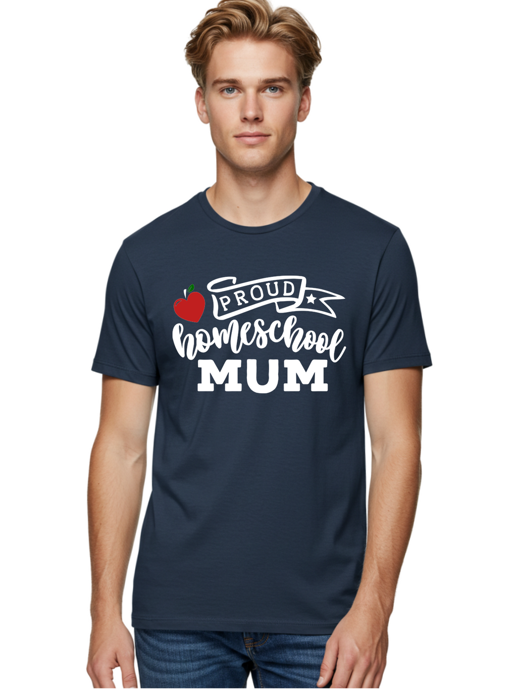 Proud-Homeschool-Mum-2 Men'S Graphic Tee, 100% Cotton, Comfortable Casual Summer Wear, Machine Washable, Proud Homeschool Mum, Homeschooling Mom, Home Education, Proud Parent, Apple Logo, Banner Design, Star Symbol, Custom Apparel, Aab426