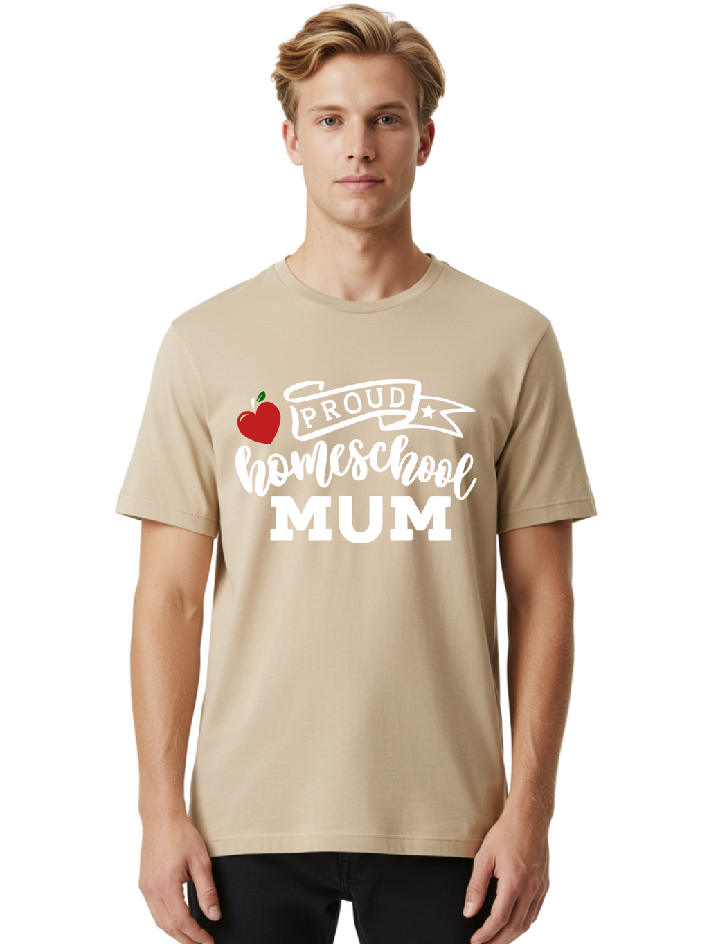Proud-Homeschool-Mum-2 Men'S Graphic Tee, 100% Cotton, Comfortable Casual Summer Wear, Machine Washable, Proud Homeschool Mum, Homeschooling Mom, Home Education, Proud Parent, Apple Logo, Banner Design, Star Symbol, Custom Apparel, Aab426
