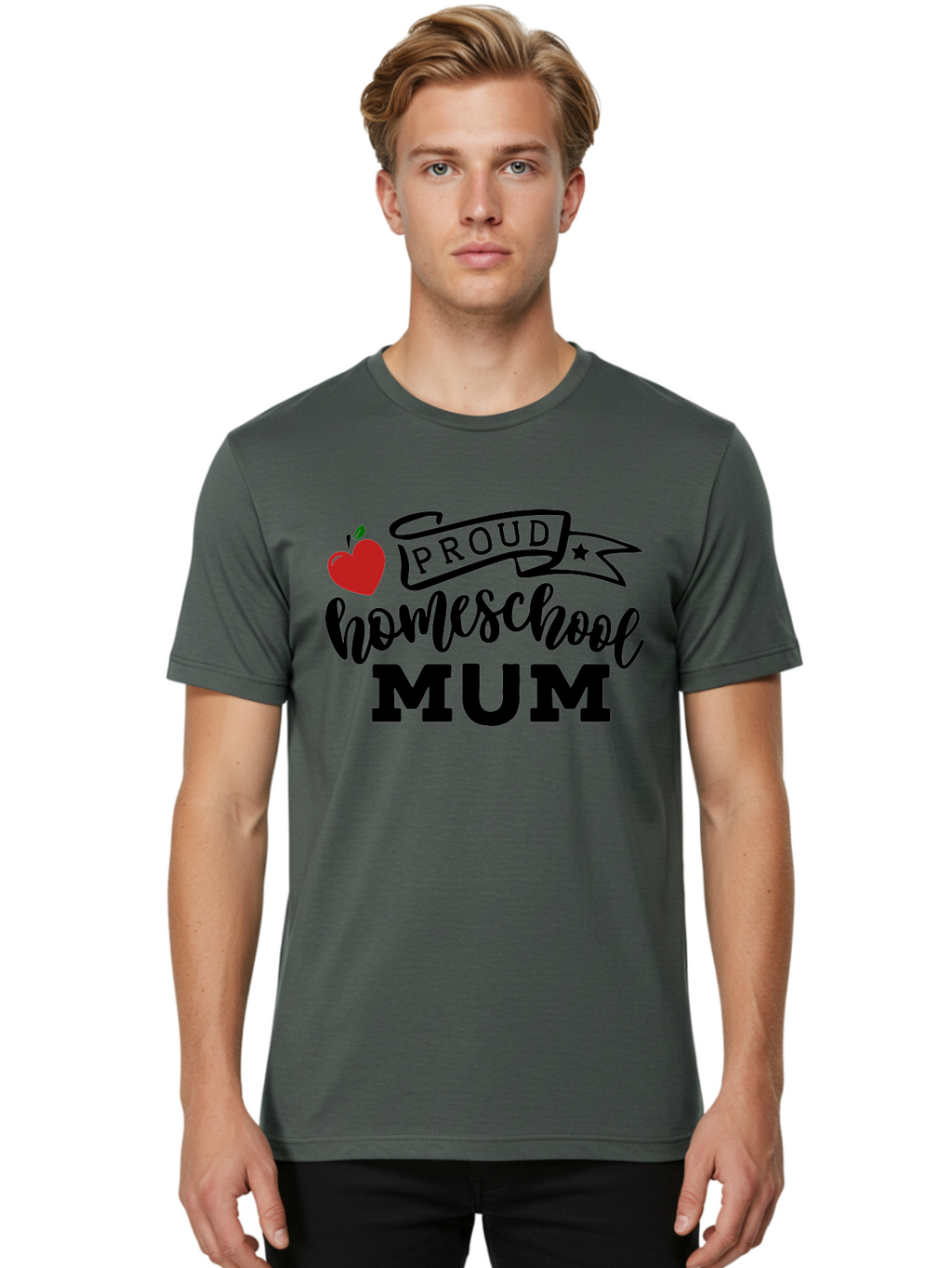Proud-Homeschool-Mum-3 Men'S Graphic Tee, 100% Cotton, Comfortable Casual Summer Wear, Machine Washable, Homeschool Mom, Proud Parent, Apple Graphic, Inspirational Quote, Black Lettering, Bold Font, Motivational Message, Parenting Pride, Aab427
