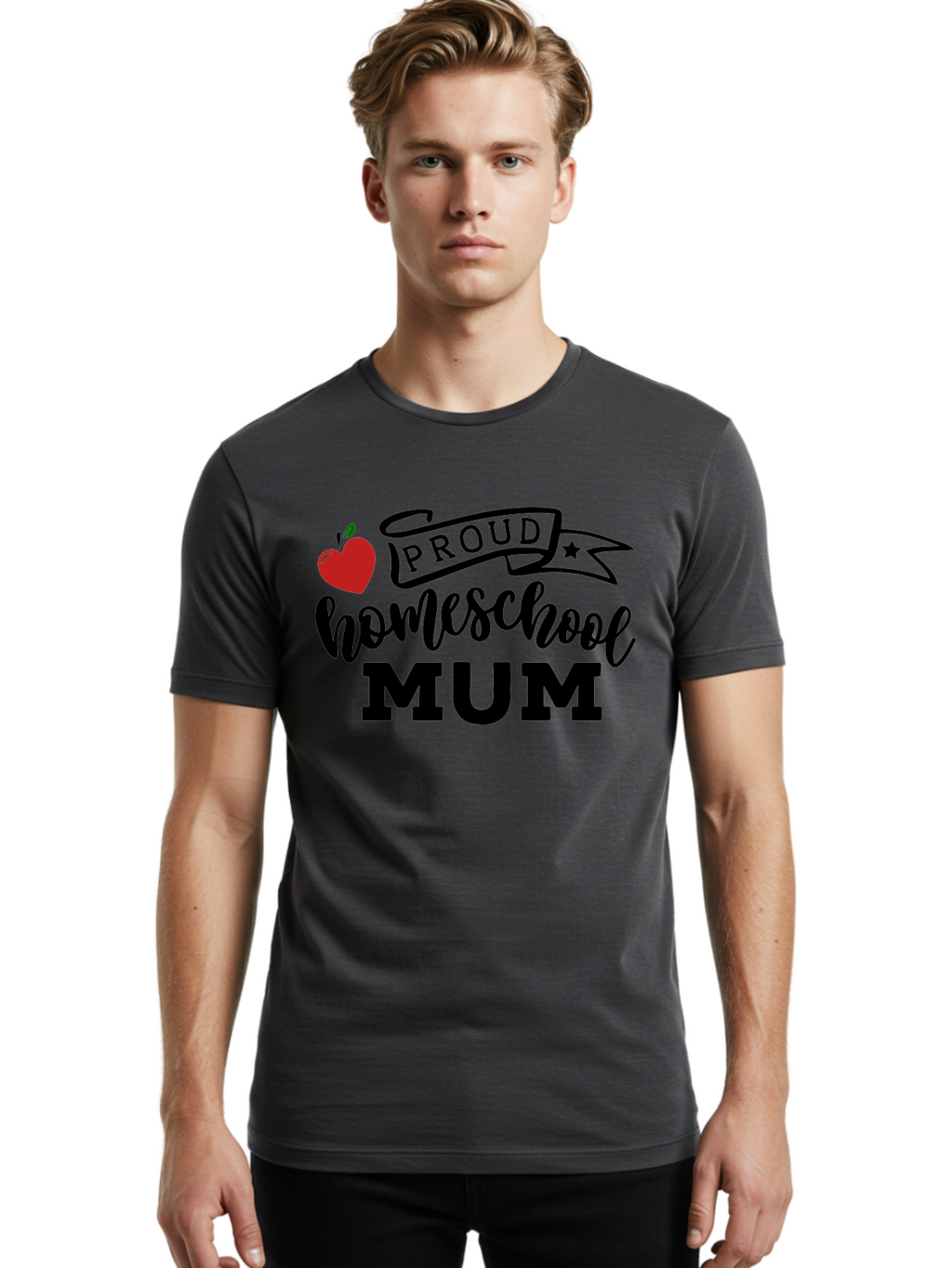 Proud-Homeschool-Mum-3 Men'S Graphic Tee, 100% Cotton, Comfortable Casual Summer Wear, Machine Washable, Homeschool Mom, Proud Parent, Apple Graphic, Inspirational Quote, Black Lettering, Bold Font, Motivational Message, Parenting Pride, Aab427