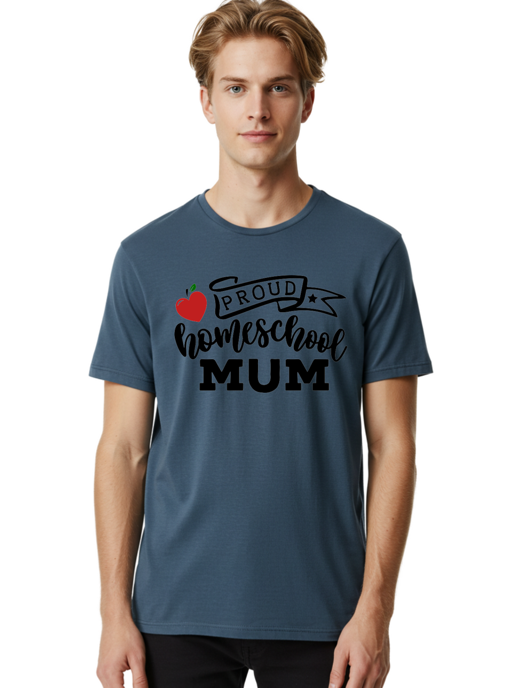 Proud-Homeschool-Mum-3 Men'S Graphic Tee, 100% Cotton, Comfortable Casual Summer Wear, Machine Washable, Homeschool Mom, Proud Parent, Apple Graphic, Inspirational Quote, Black Lettering, Bold Font, Motivational Message, Parenting Pride, Aab427
