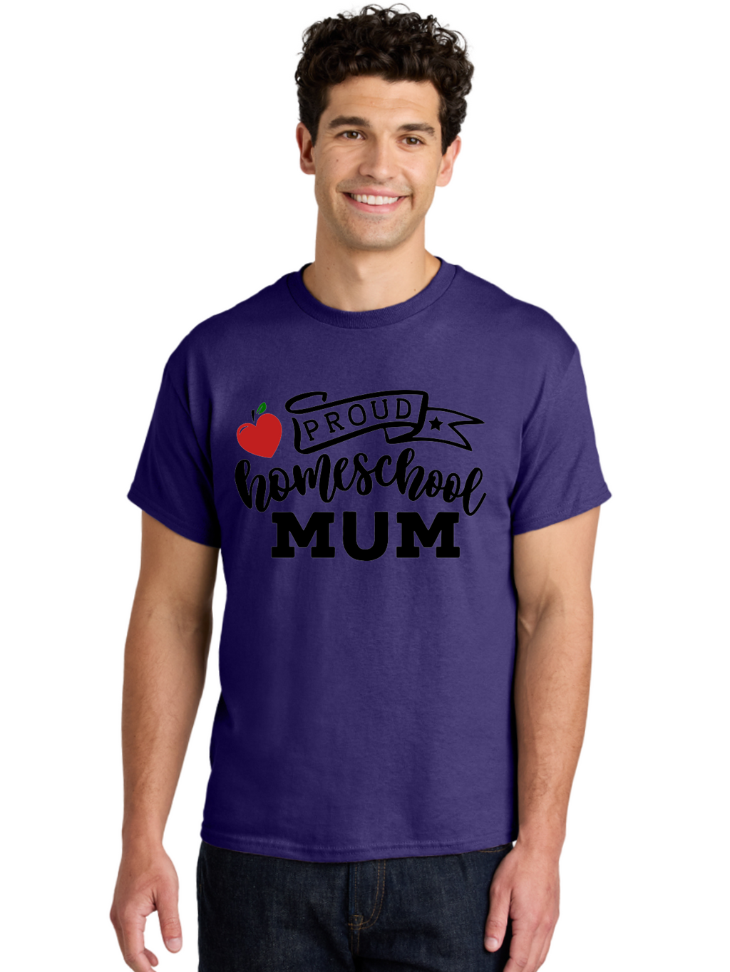 Proud-Homeschool-Mum-3 Men'S Graphic Tee, 100% Cotton, Comfortable Casual Summer Wear, Machine Washable, Homeschool Mom, Proud Parent, Apple Graphic, Inspirational Quote, Black Lettering, Bold Font, Motivational Message, Parenting Pride, Aab427