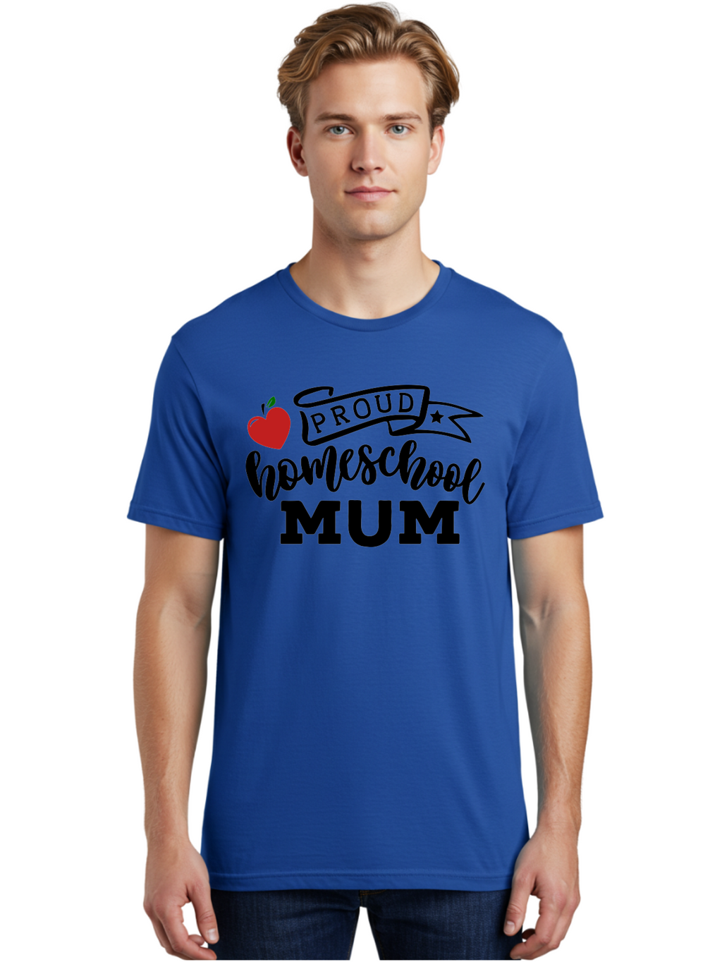 Proud-Homeschool-Mum-3 Men'S Graphic Tee, 100% Cotton, Comfortable Casual Summer Wear, Machine Washable, Homeschool Mom, Proud Parent, Apple Graphic, Inspirational Quote, Black Lettering, Bold Font, Motivational Message, Parenting Pride, Aab427