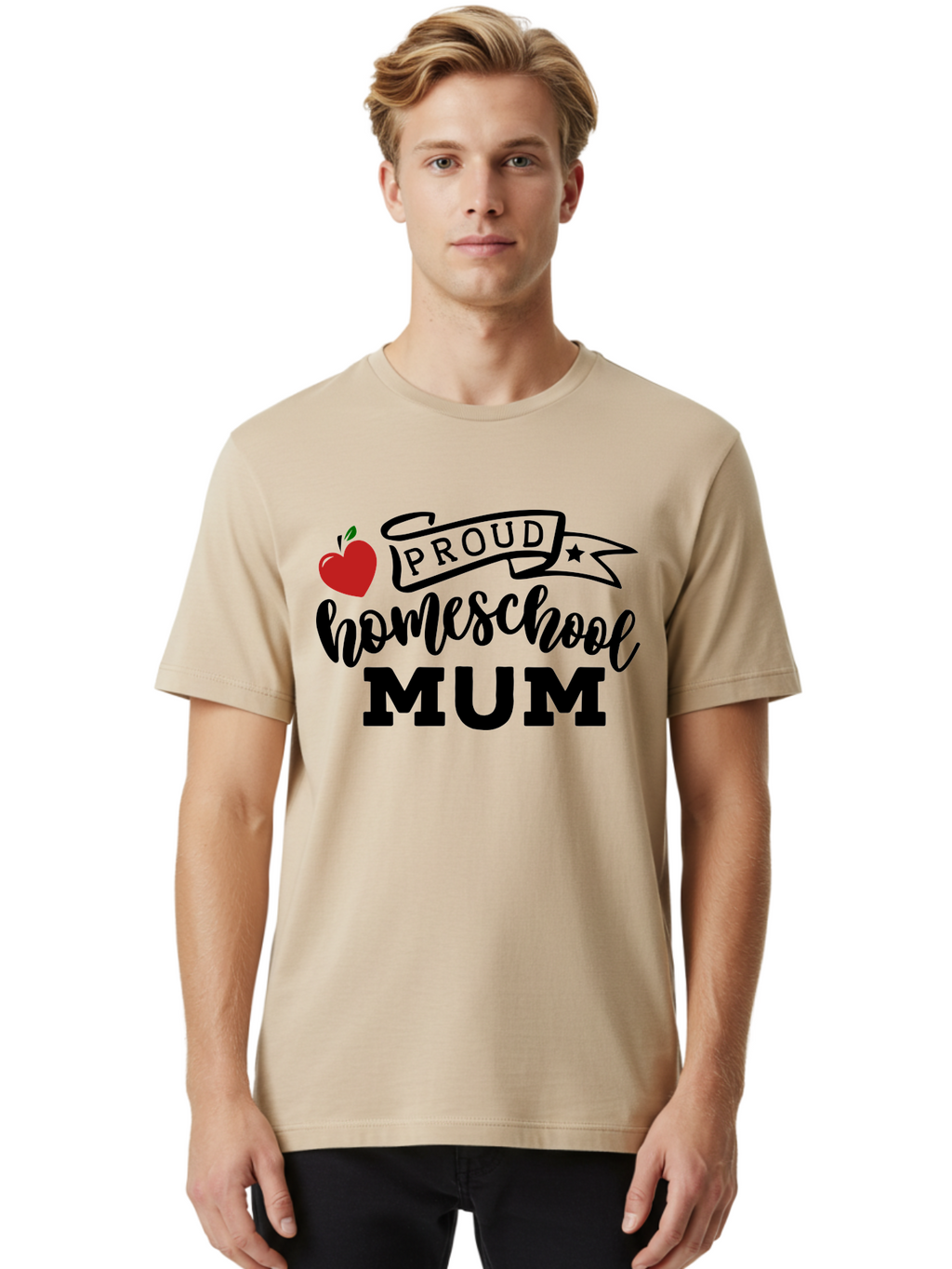 Proud-Homeschool-Mum-3 Men'S Graphic Tee, 100% Cotton, Comfortable Casual Summer Wear, Machine Washable, Homeschool Mom, Proud Parent, Apple Graphic, Inspirational Quote, Black Lettering, Bold Font, Motivational Message, Parenting Pride, Aab427