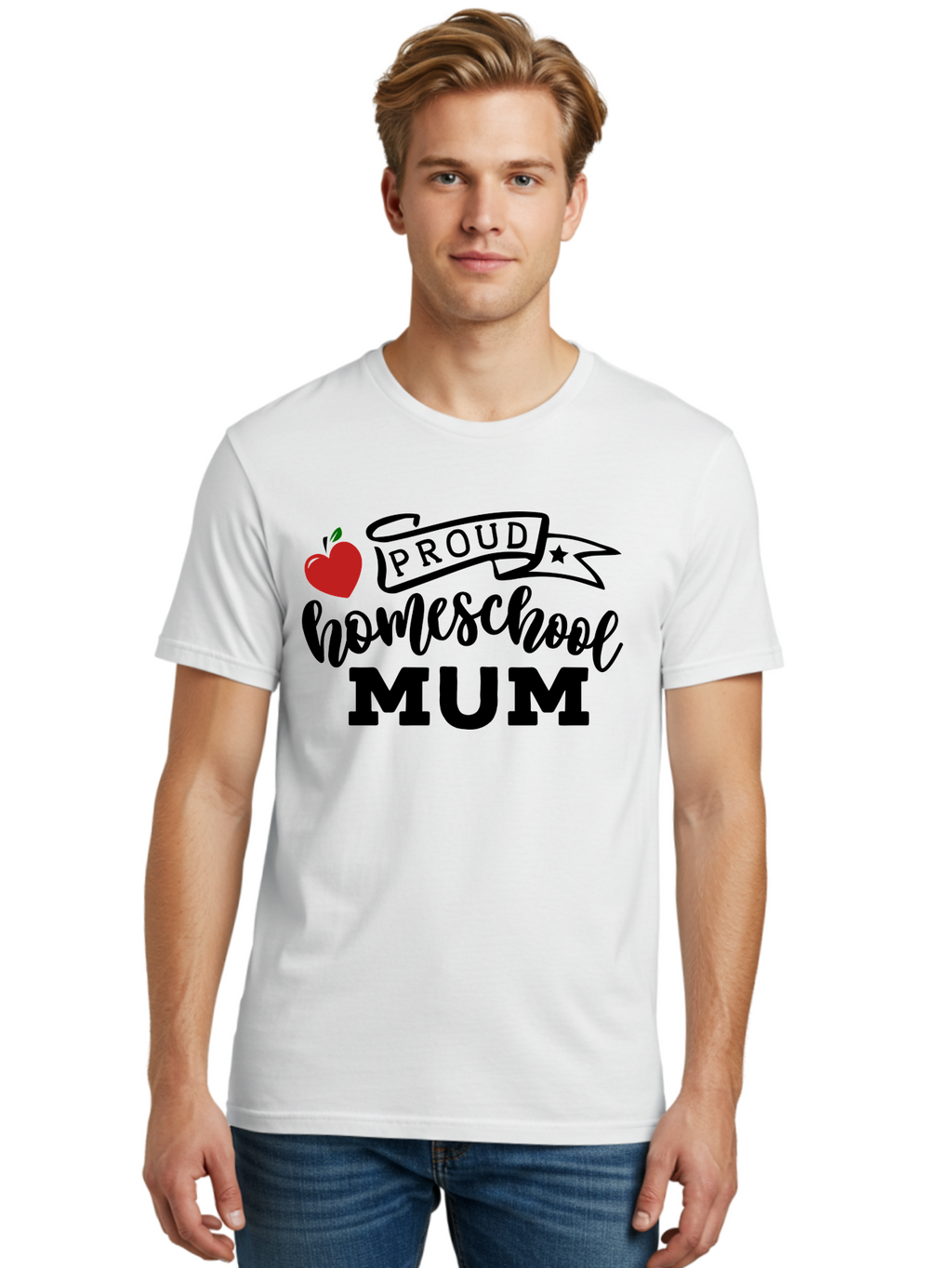 Proud-Homeschool-Mum-3 Men'S Graphic Tee, 100% Cotton, Comfortable Casual Summer Wear, Machine Washable, Homeschool Mom, Proud Parent, Apple Graphic, Inspirational Quote, Black Lettering, Bold Font, Motivational Message, Parenting Pride, Aab427