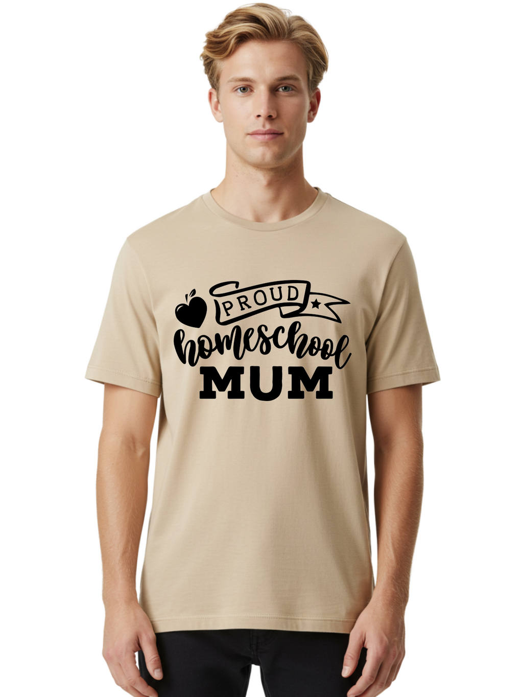 Proud-Homeschool-Mum Men'S Graphic Tee, 100% Cotton, Comfortable Casual Summer Wear, Machine Washable, Homeschool Mom, Proud Parent, Education, Learning, Apple Symbol, Star Icon, Homeschooling, Mom Life Aab428