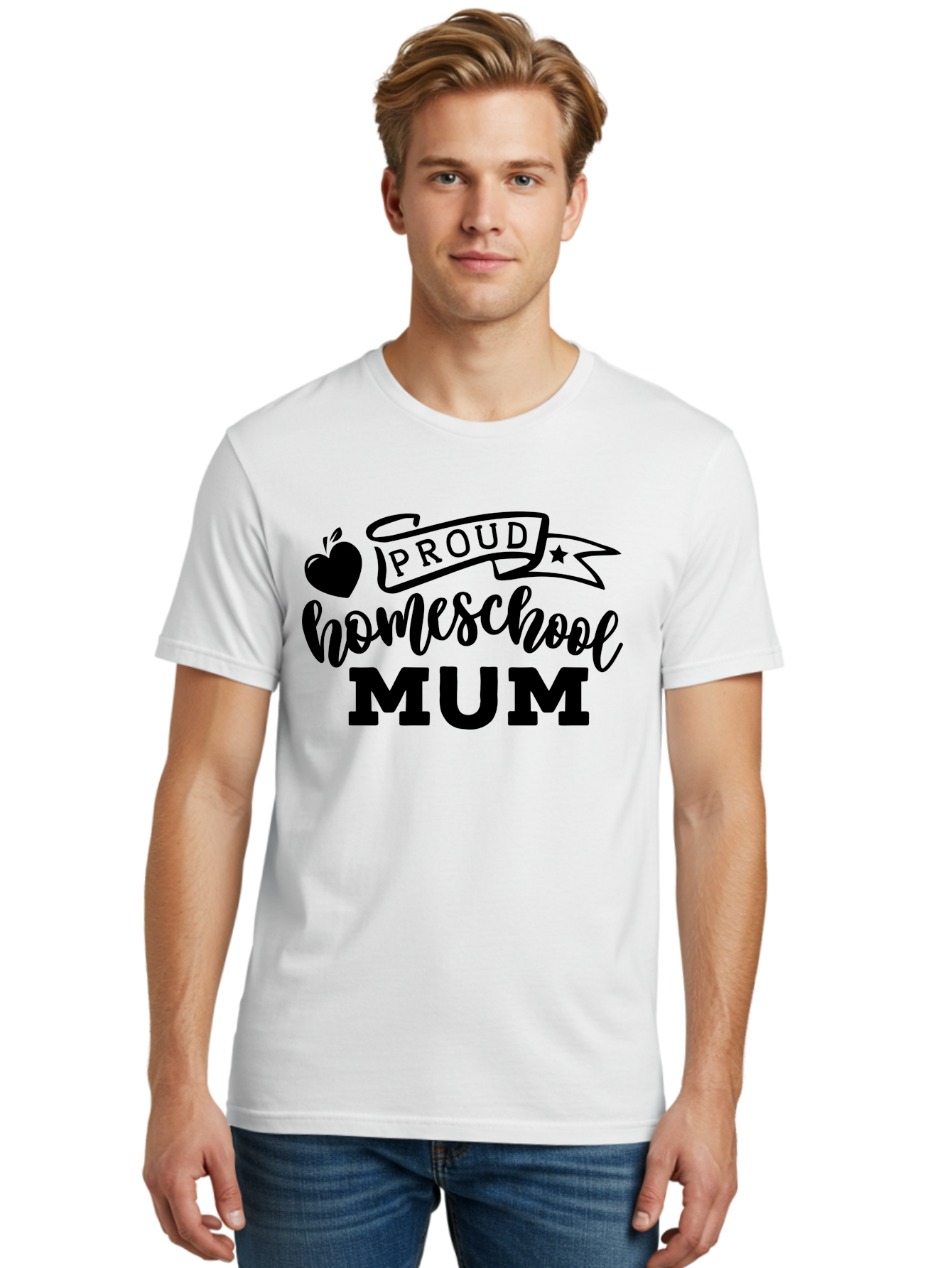 Proud-Homeschool-Mum Men'S Graphic Tee, 100% Cotton, Comfortable Casual Summer Wear, Machine Washable, Homeschool Mom, Proud Parent, Education, Learning, Apple Symbol, Star Icon, Homeschooling, Mom Life Aab428