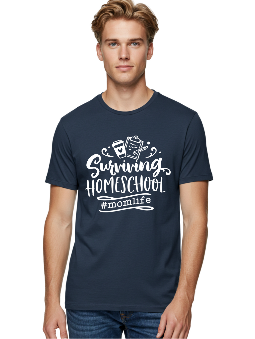 Surviving-Homeschool-1 Men'S Graphic Tee, 100% Cotton, Comfortable Casual Summer Wear, Machine Washable, Homeschooling Mom, Mom Life, Surviving Homeschool, Homeschool Survival, Parenting Tips, Education At Home, Momlife, Coffee Cup, Clipboard, Aab432