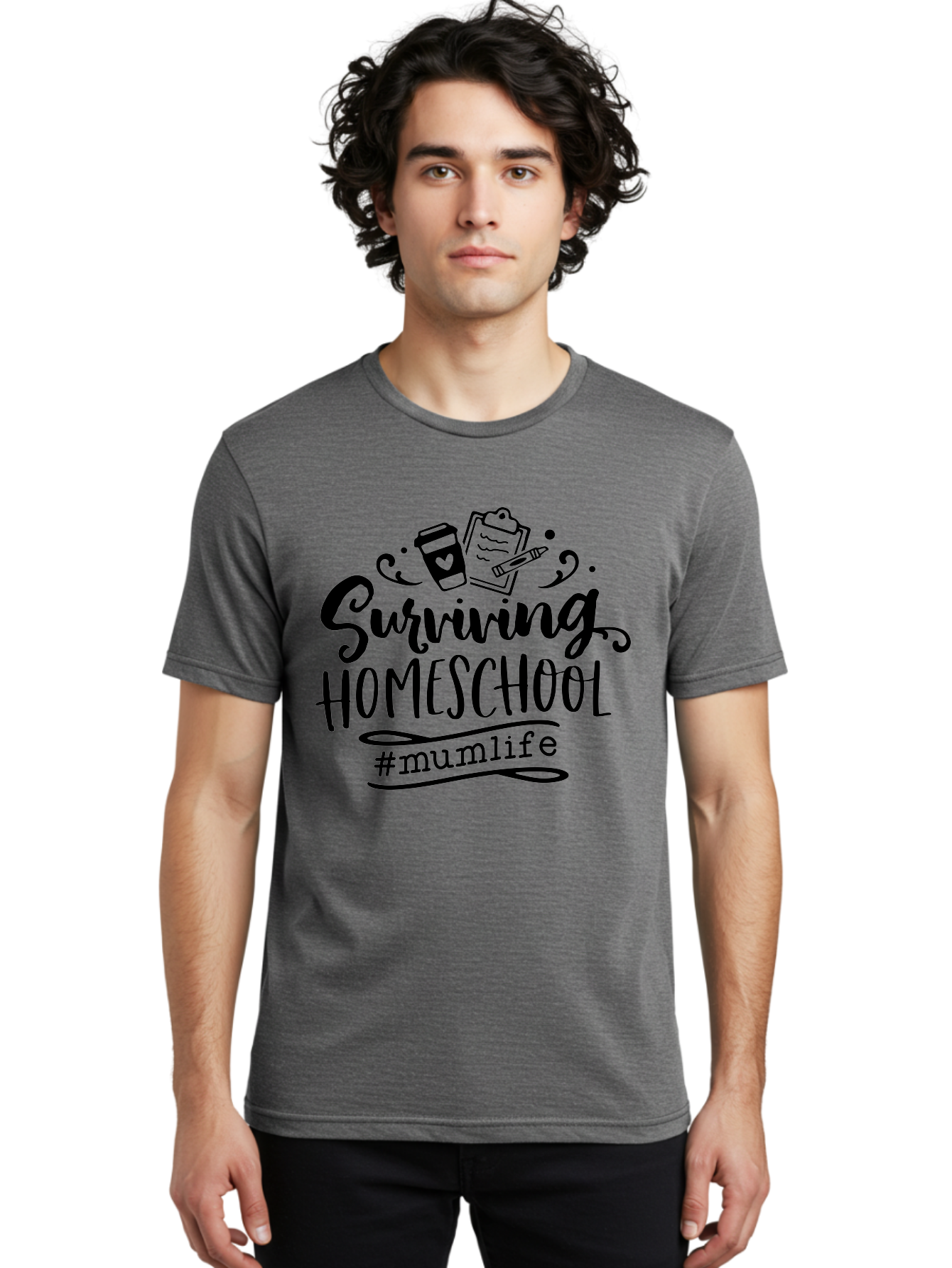 Surviving-Homeschool-2 Men'S Graphic Tee, 100% Cotton, Comfortable Casual Summer Wear, Machine Washable, Homeschooling, Parenting, Motherhood, Education, Coffee Cup, Clipboard, Mum Life, #Mumlife, Learning At Home, Homeschool Survival Aab433