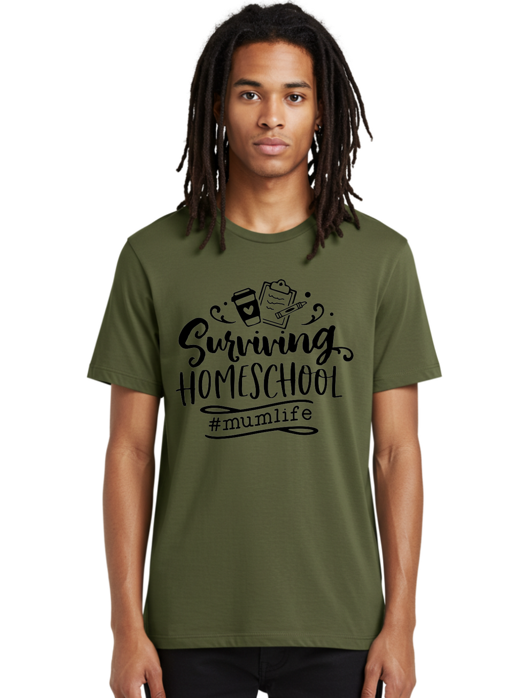 Surviving-Homeschool-2 Men'S Graphic Tee, 100% Cotton, Comfortable Casual Summer Wear, Machine Washable, Homeschooling, Parenting, Motherhood, Education, Coffee Cup, Clipboard, Mum Life, #Mumlife, Learning At Home, Homeschool Survival Aab433