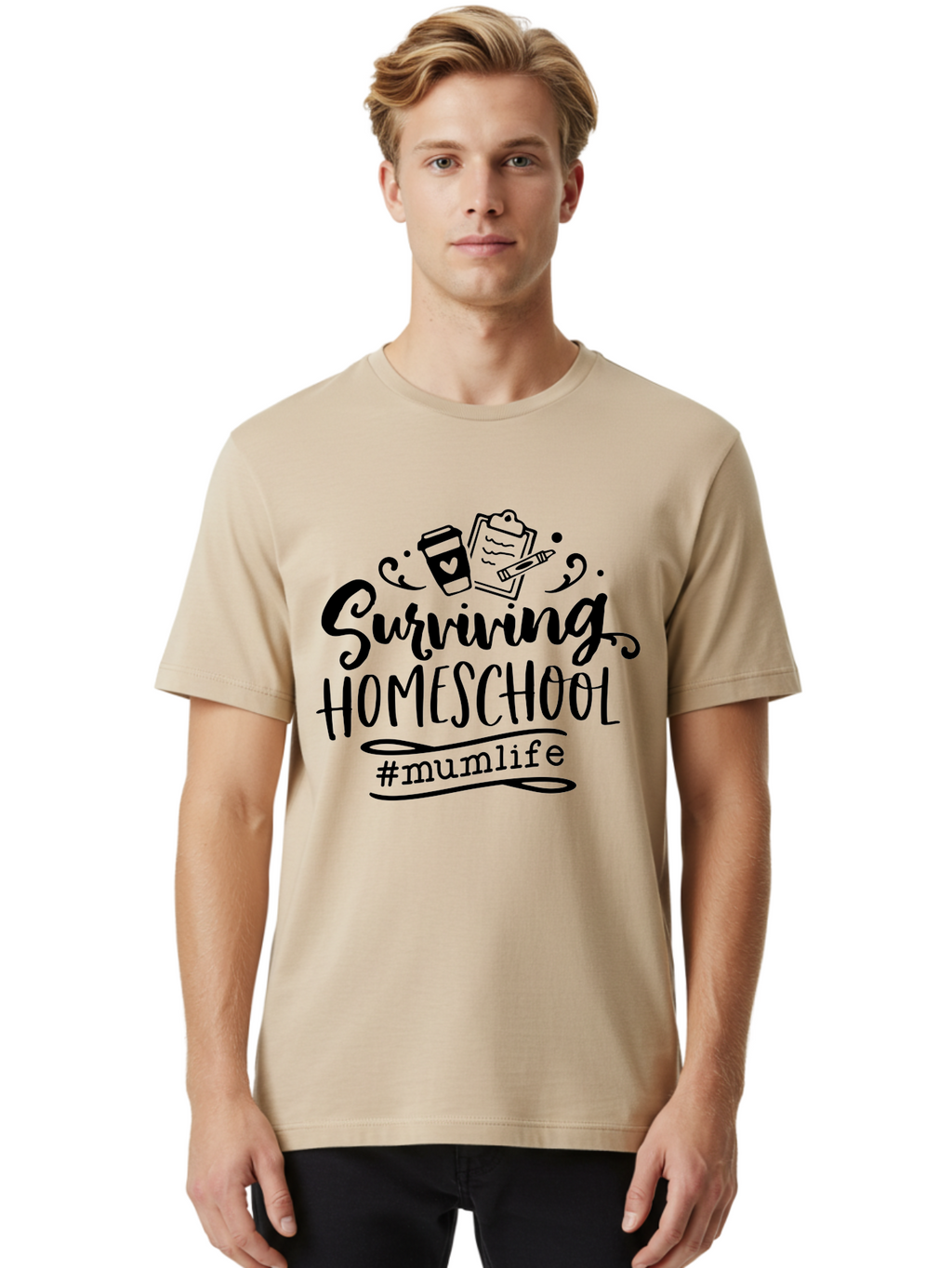 Surviving-Homeschool-2 Men'S Graphic Tee, 100% Cotton, Comfortable Casual Summer Wear, Machine Washable, Homeschooling, Parenting, Motherhood, Education, Coffee Cup, Clipboard, Mum Life, #Mumlife, Learning At Home, Homeschool Survival Aab433