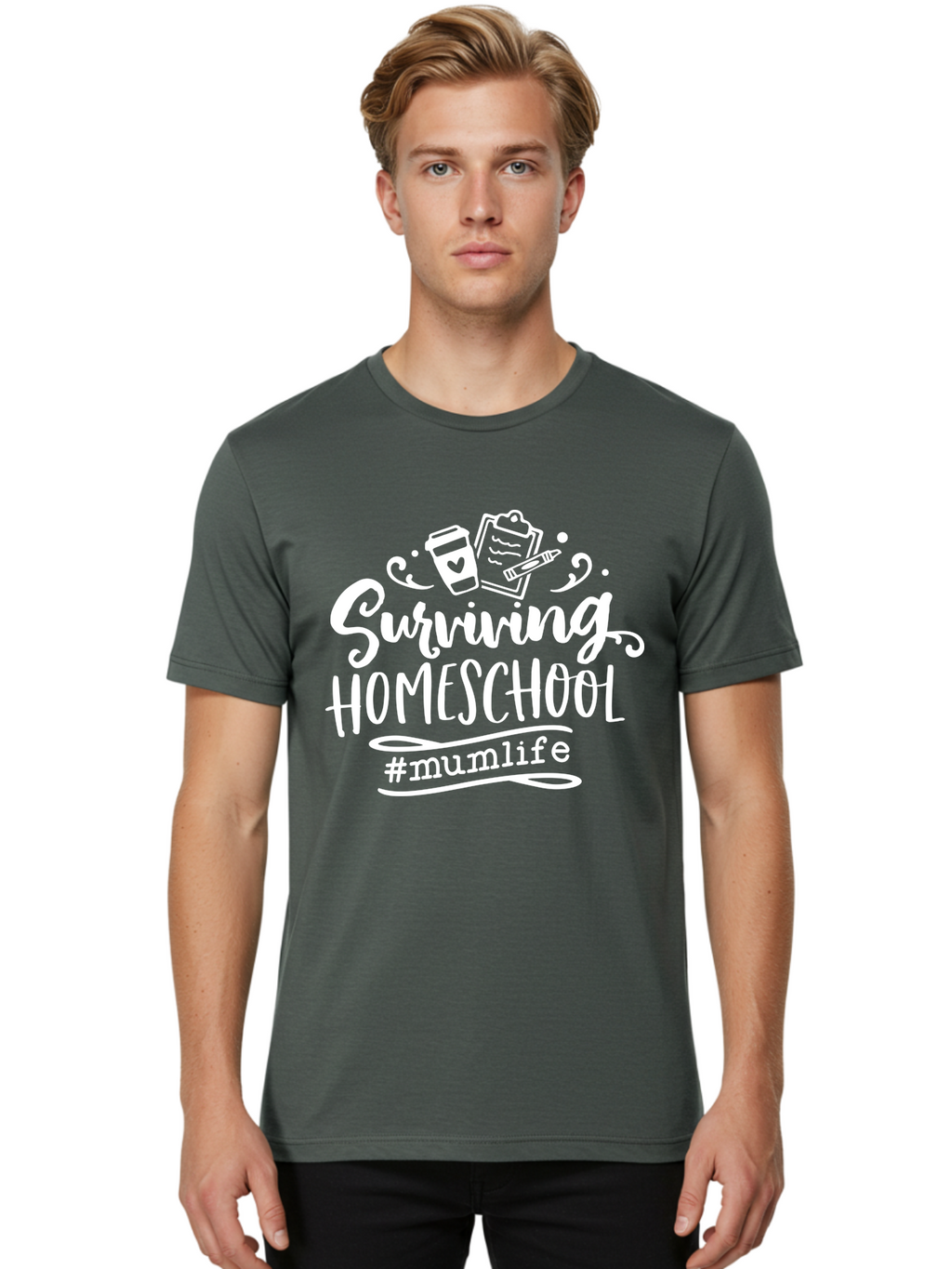Surviving-Homeschool-3 Men'S Graphic Tee, 100% Cotton, Comfortable Casual Summer Wear, Machine Washable, Homeschooling, Mom Life, Parenting, Education, Teaching, Learning, #Mumlif, School Supplies, Coffee Cup, Clipboard Aab434