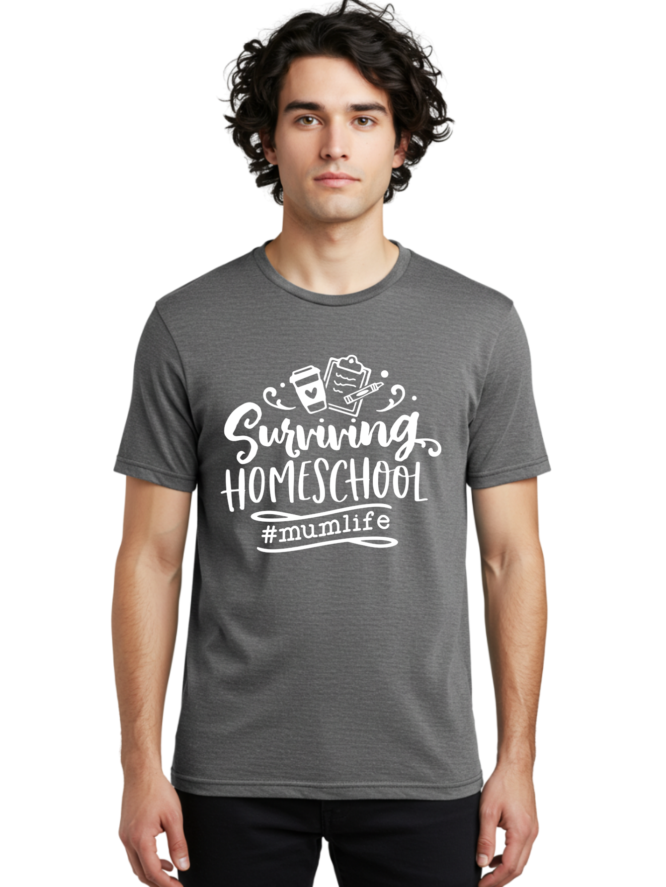 Surviving-Homeschool-3 Men'S Graphic Tee, 100% Cotton, Comfortable Casual Summer Wear, Machine Washable, Homeschooling, Mom Life, Parenting, Education, Teaching, Learning, #Mumlif, School Supplies, Coffee Cup, Clipboard Aab434