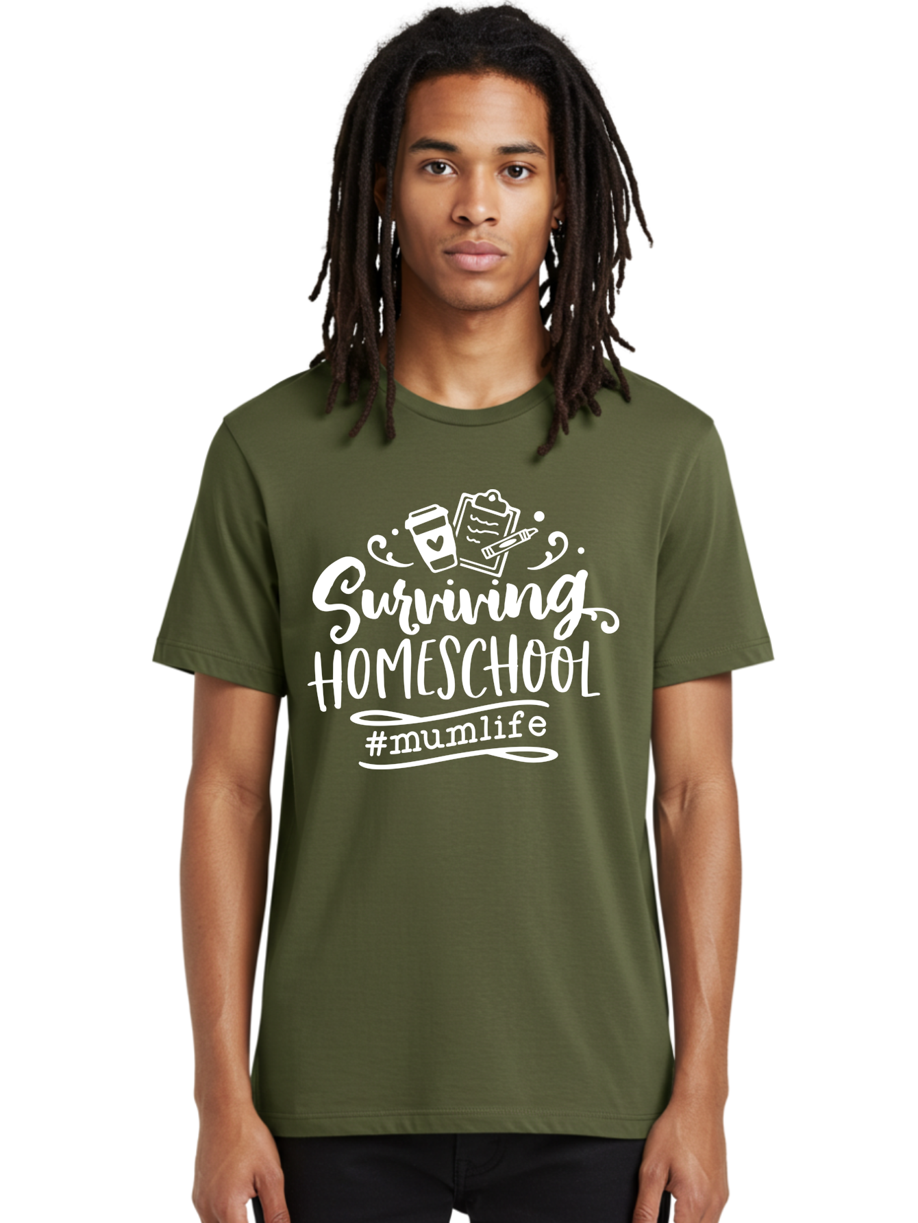 Surviving-Homeschool-3 Men'S Graphic Tee, 100% Cotton, Comfortable Casual Summer Wear, Machine Washable, Homeschooling, Mom Life, Parenting, Education, Teaching, Learning, #Mumlif, School Supplies, Coffee Cup, Clipboard Aab434